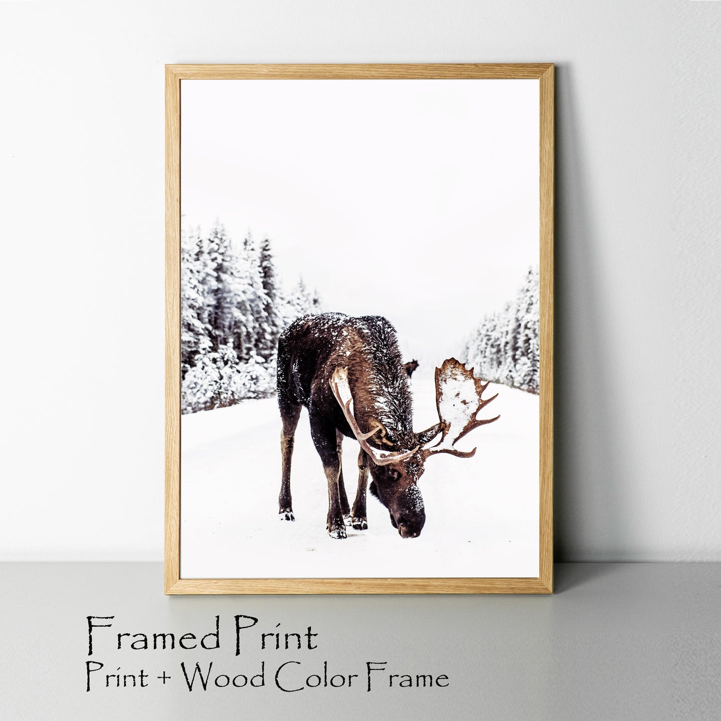 Elk poster in wood color frame.