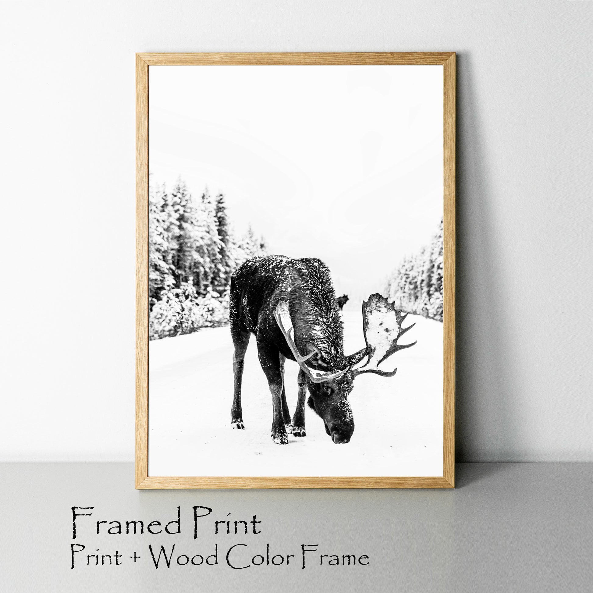 Elk wall art in wood color frame.