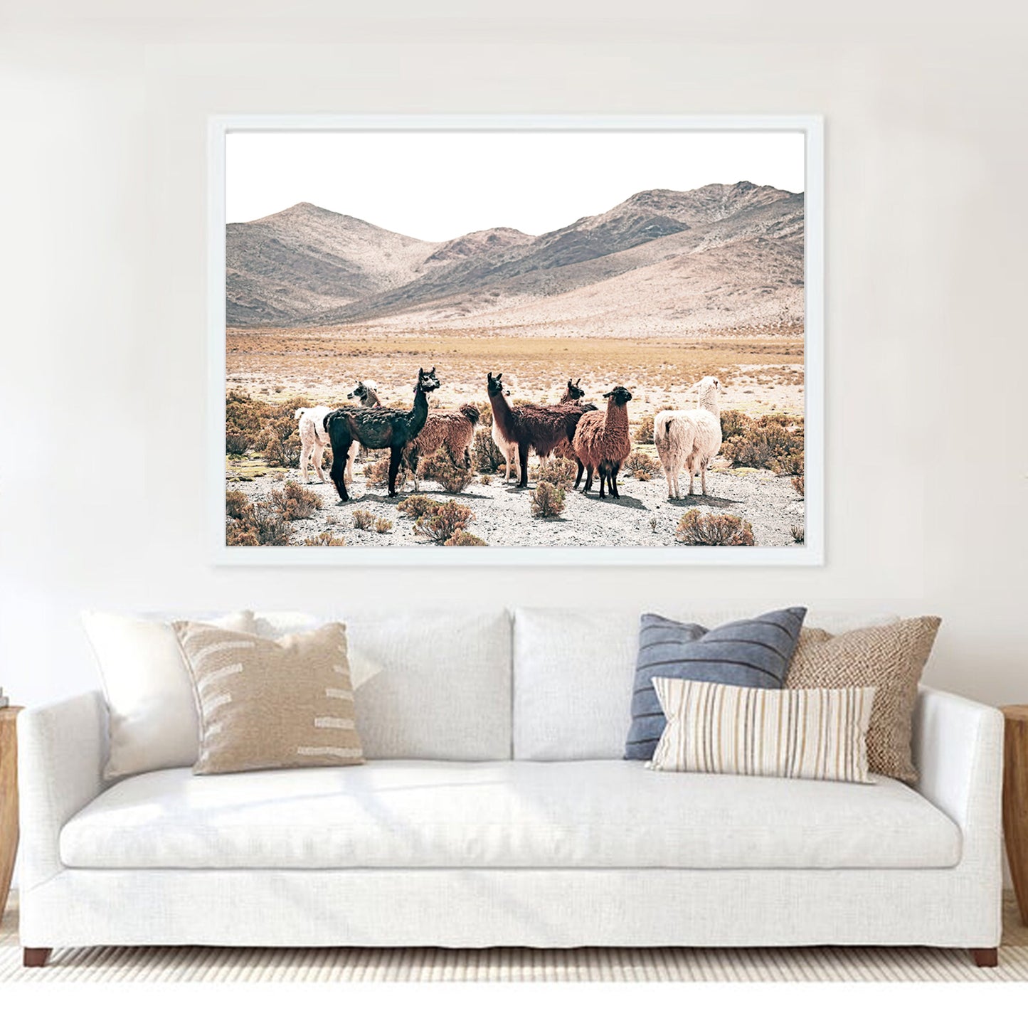 Large llamas wall art above the sofa.