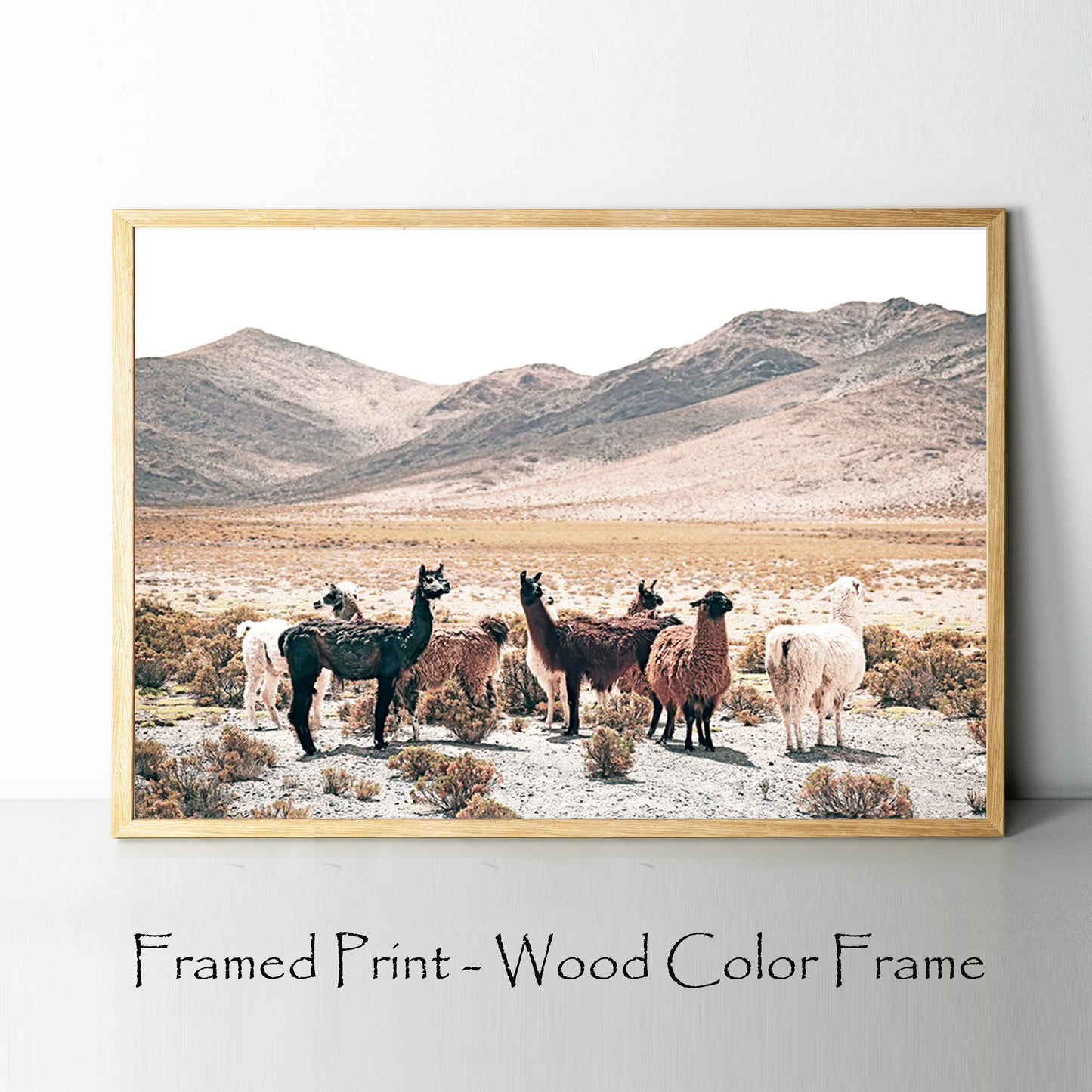 Llamas print in wood color frame.