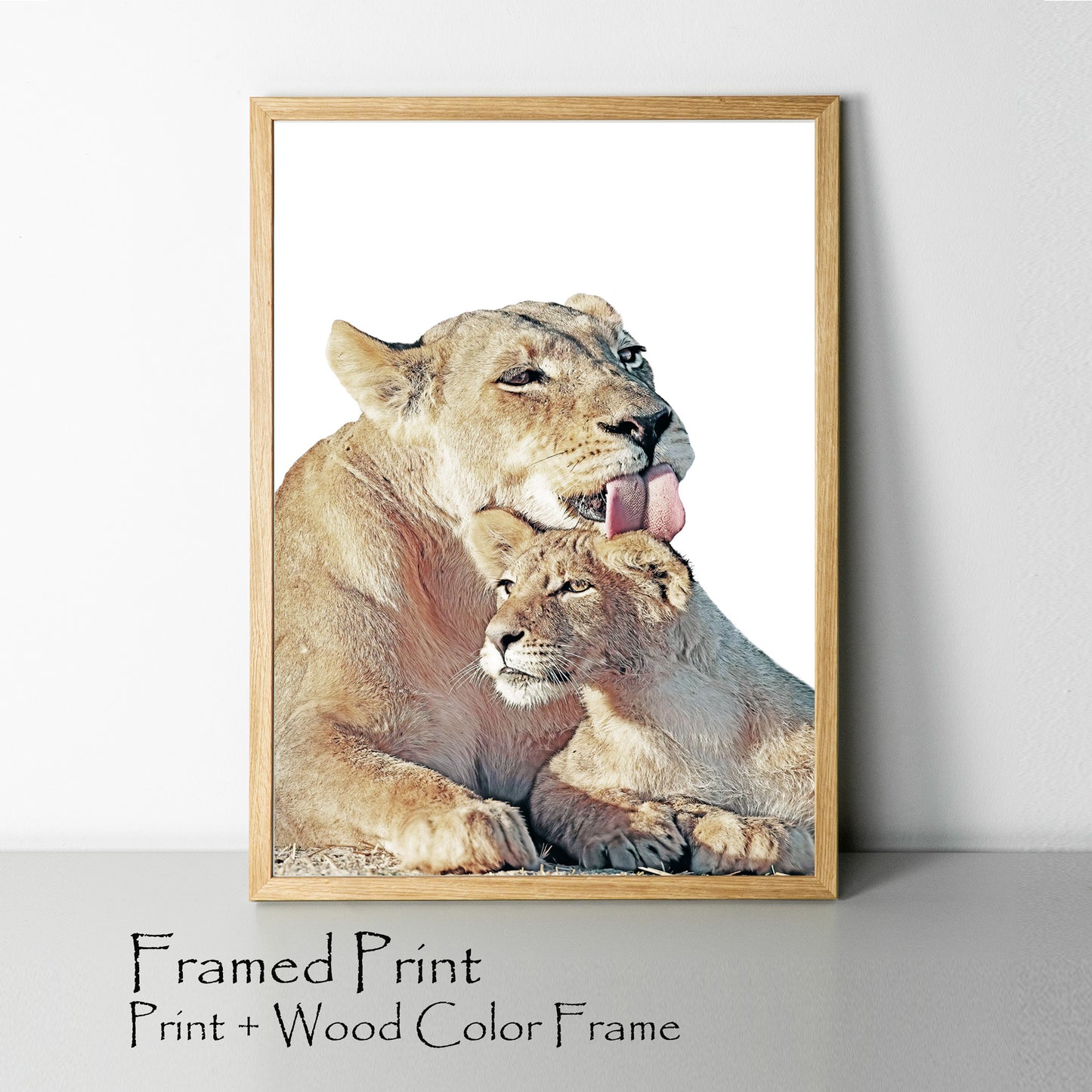 Lioness and lion cub print in wood color frame.