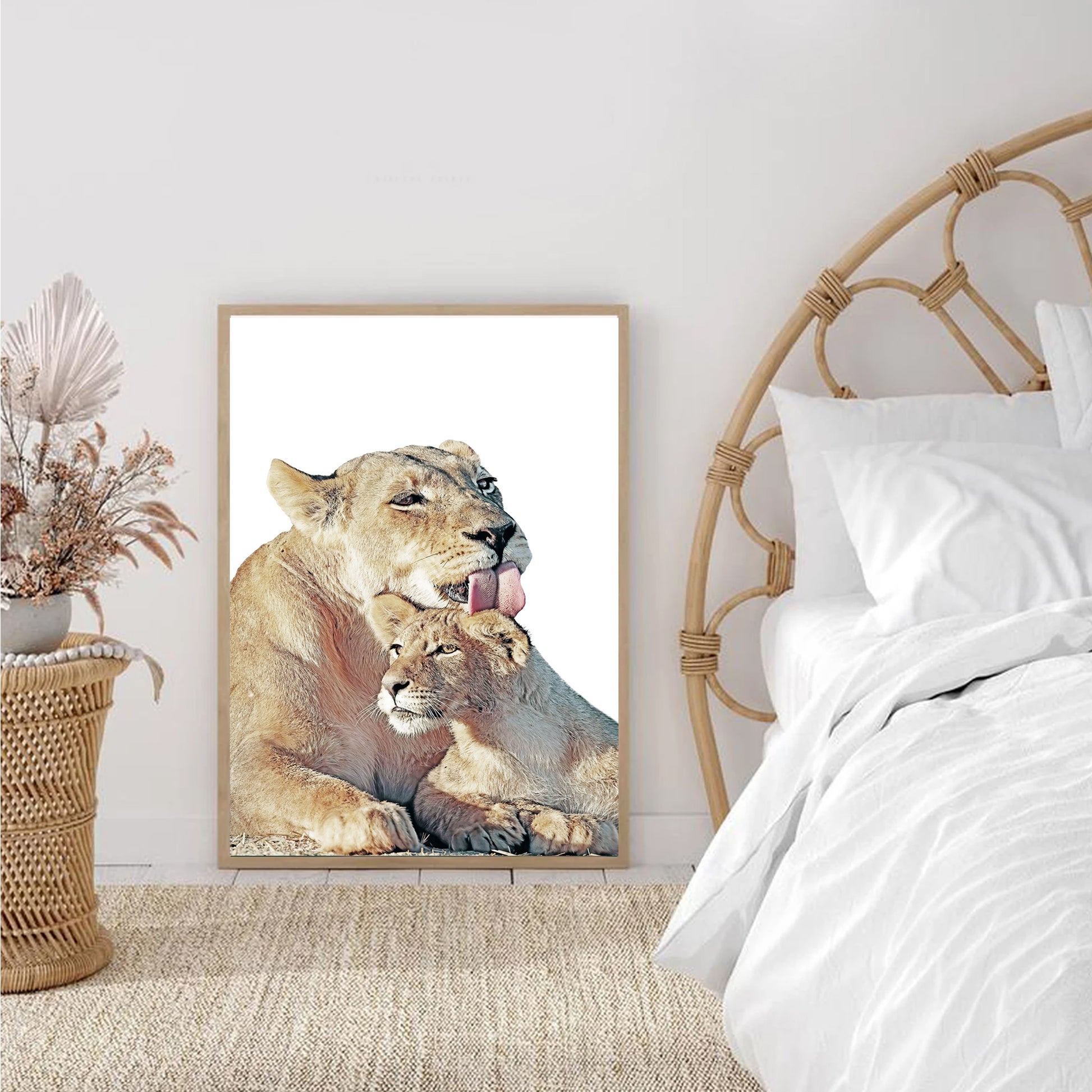 Lioness and lion cub framed print in bedroom.