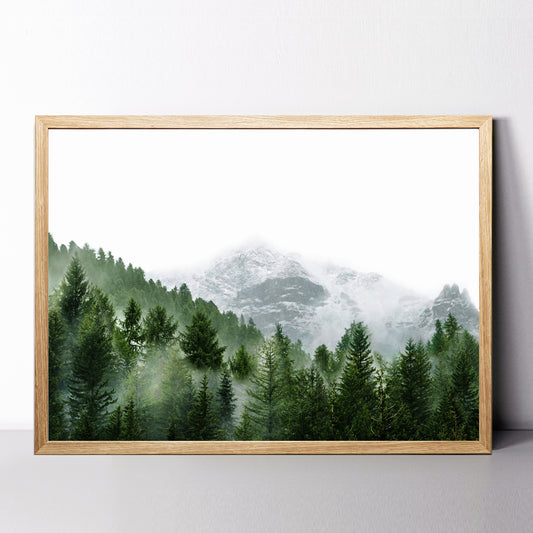 Misty Mountain Landscape Framed Print | Foggy Pine Forest Large Wall Art