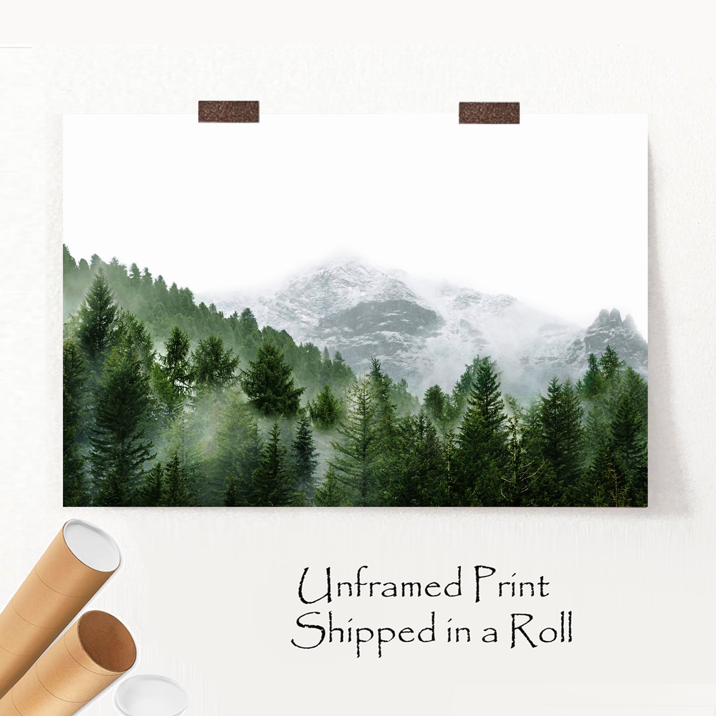 Misty Mountain Landscape Framed Print | Foggy Pine Forest Large Wall Art