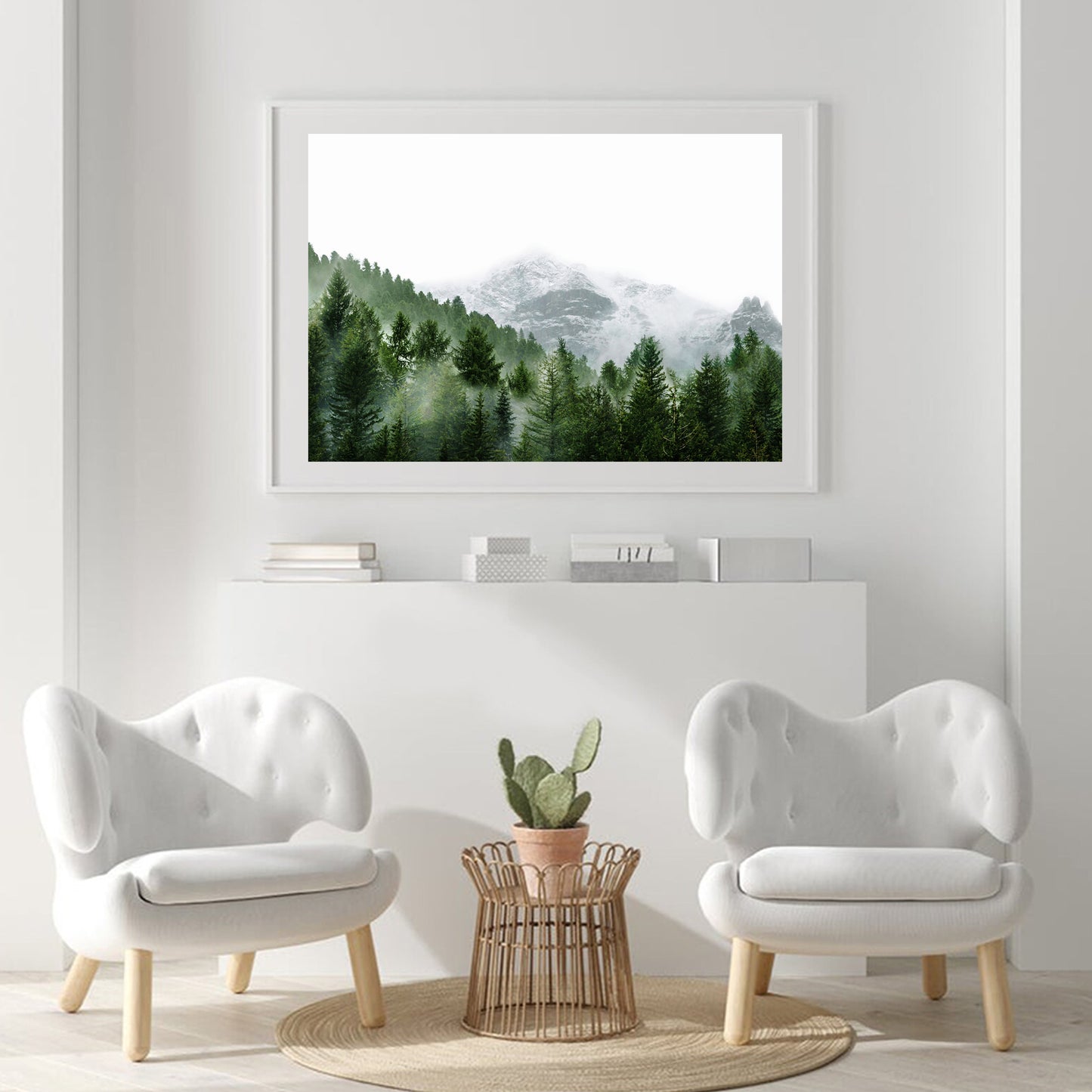 Misty Mountain Landscape Framed Print | Foggy Pine Forest Large Wall Art