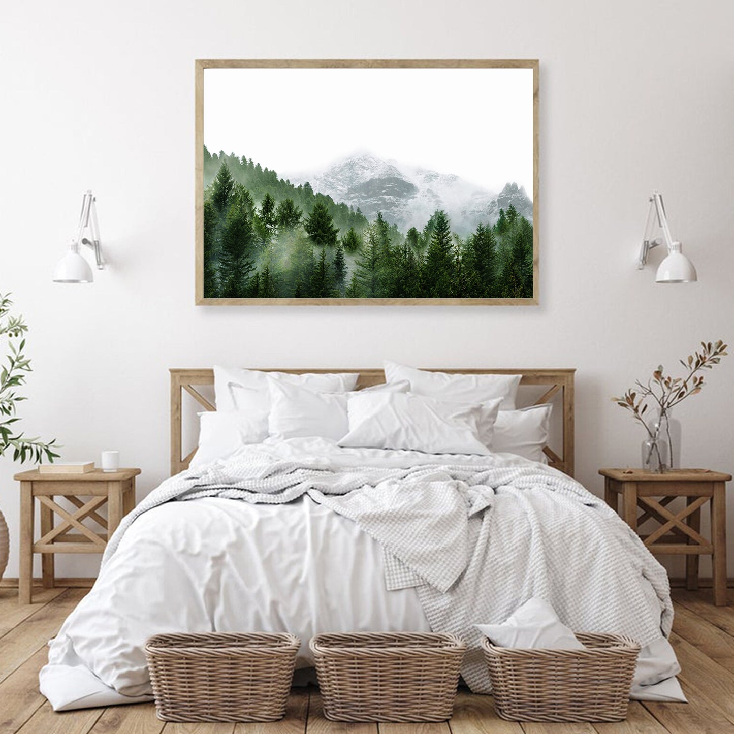 Misty Mountain Landscape Framed Print | Foggy Pine Forest Large Wall Art
