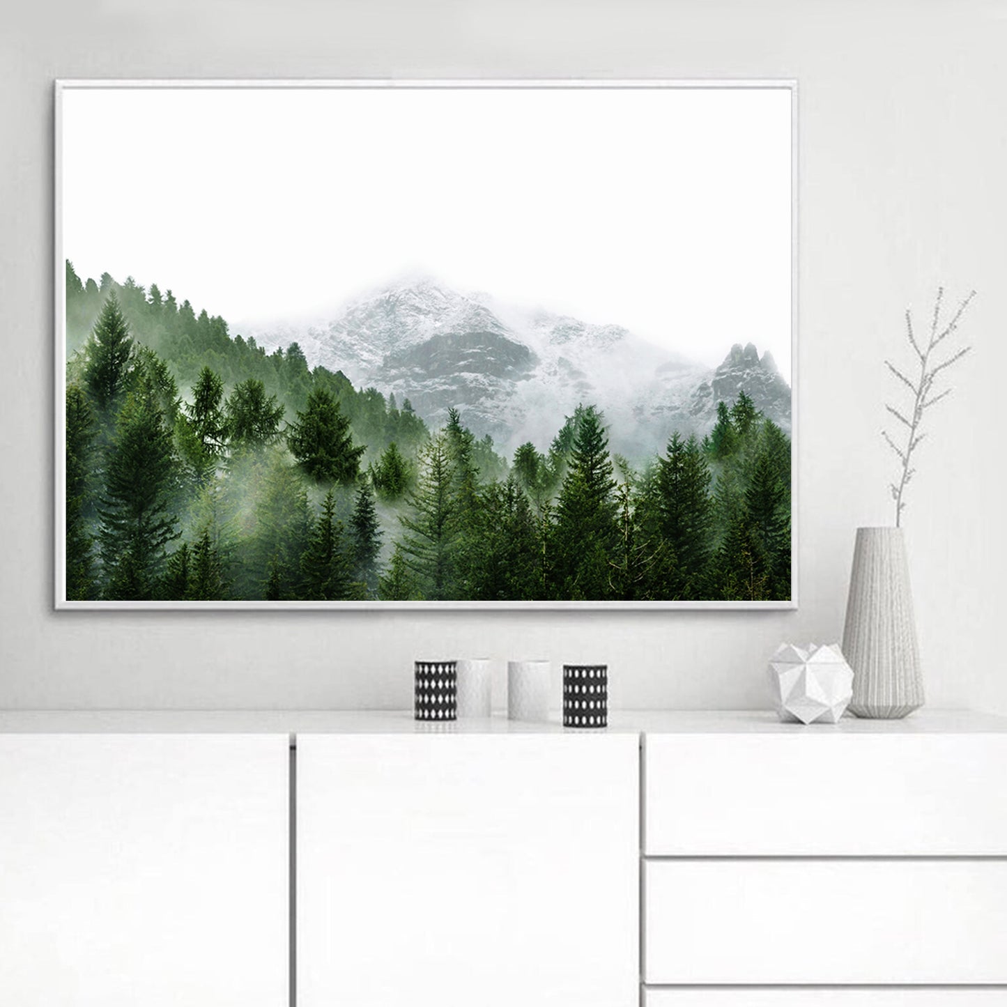 Misty Mountain Landscape Framed Print | Foggy Pine Forest Large Wall Art