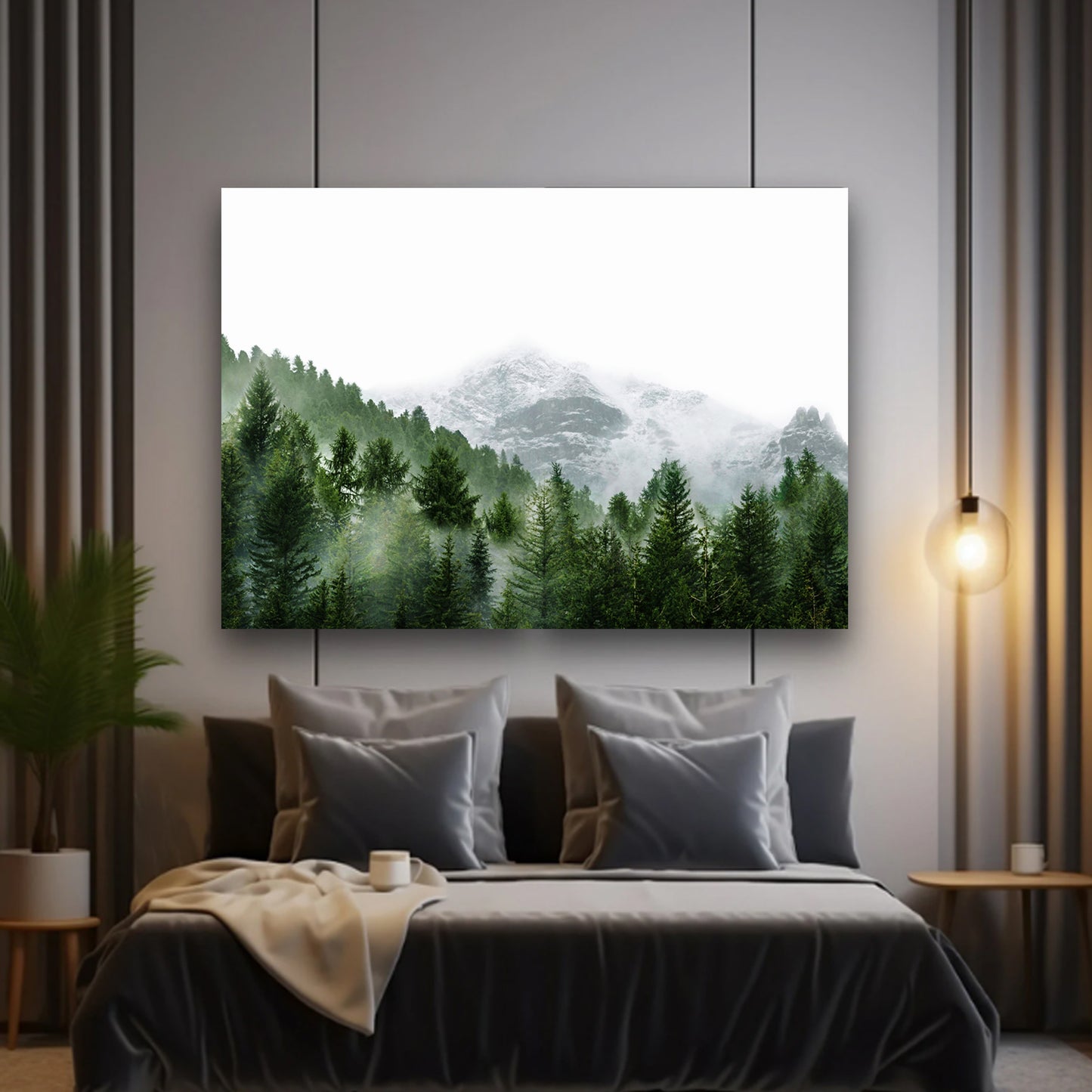 Misty Mountain Landscape Framed Print | Foggy Pine Forest Large Wall Art