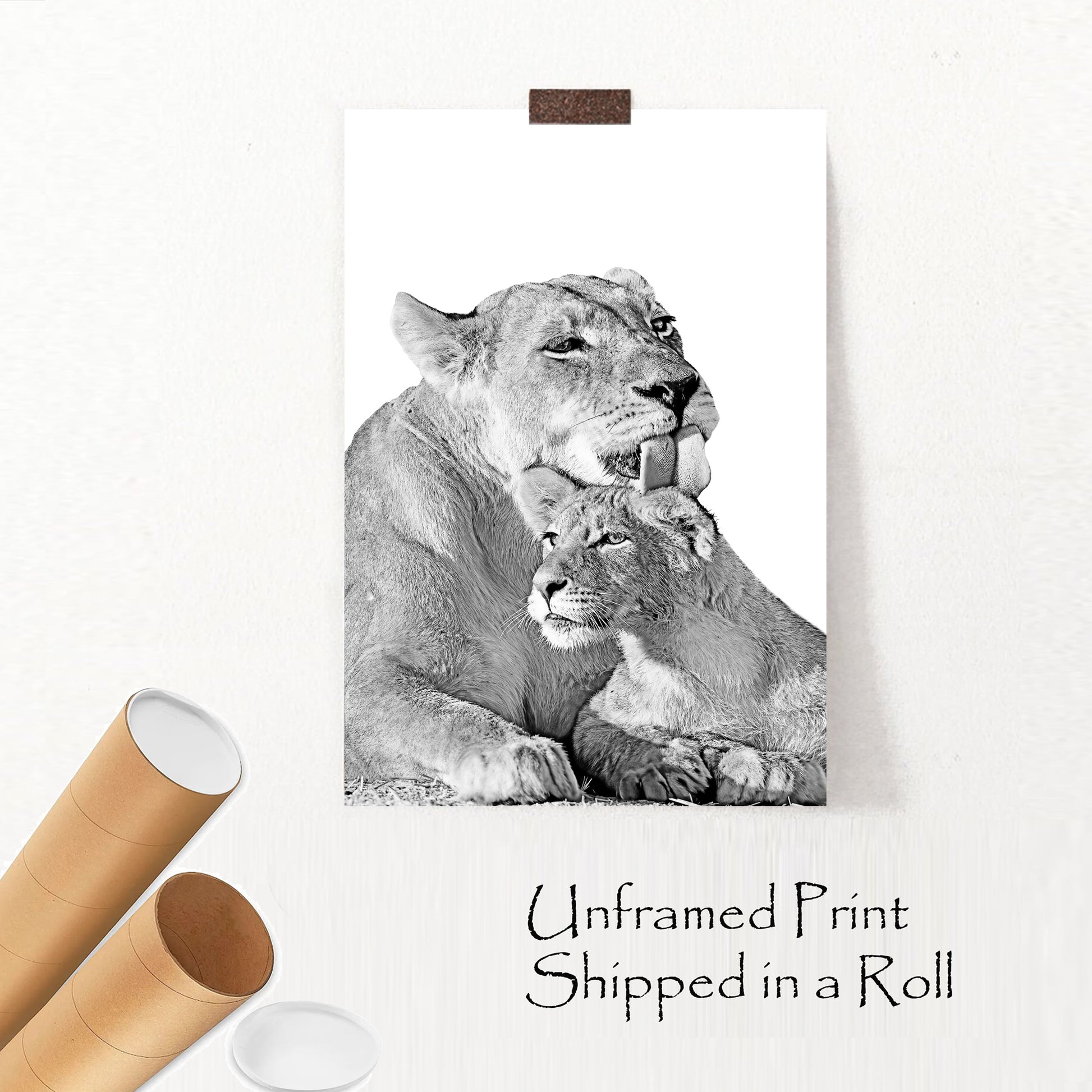 Lioness and lion cub unframed print.