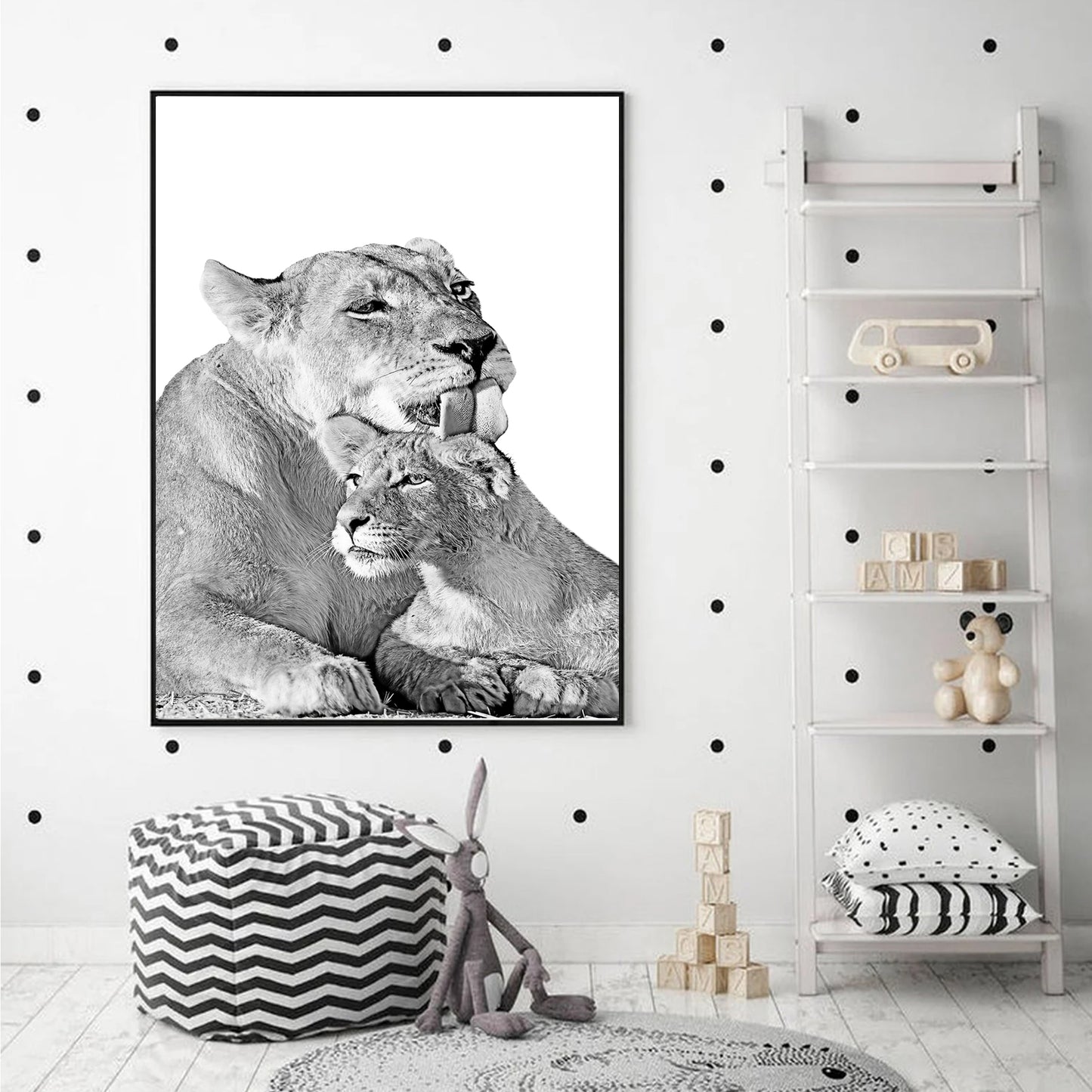 Lioness and lion cub print in kids room.