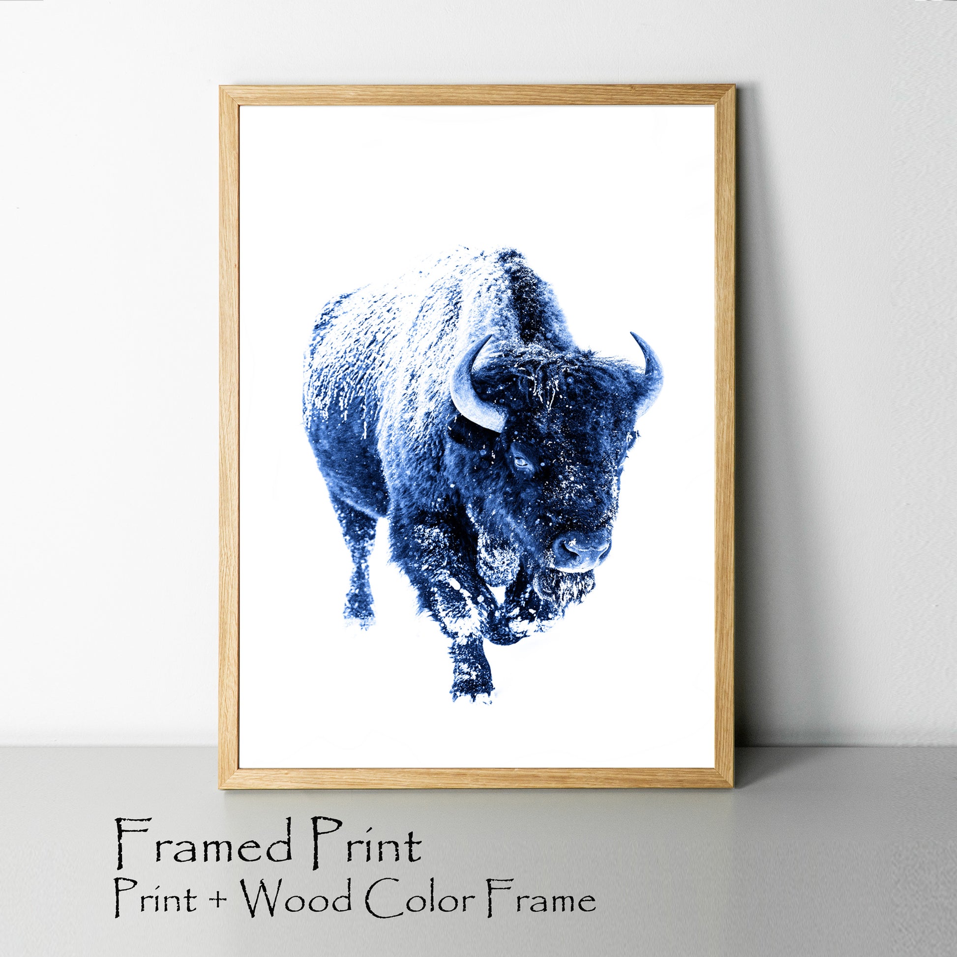 Blue bison print in wood color frame.