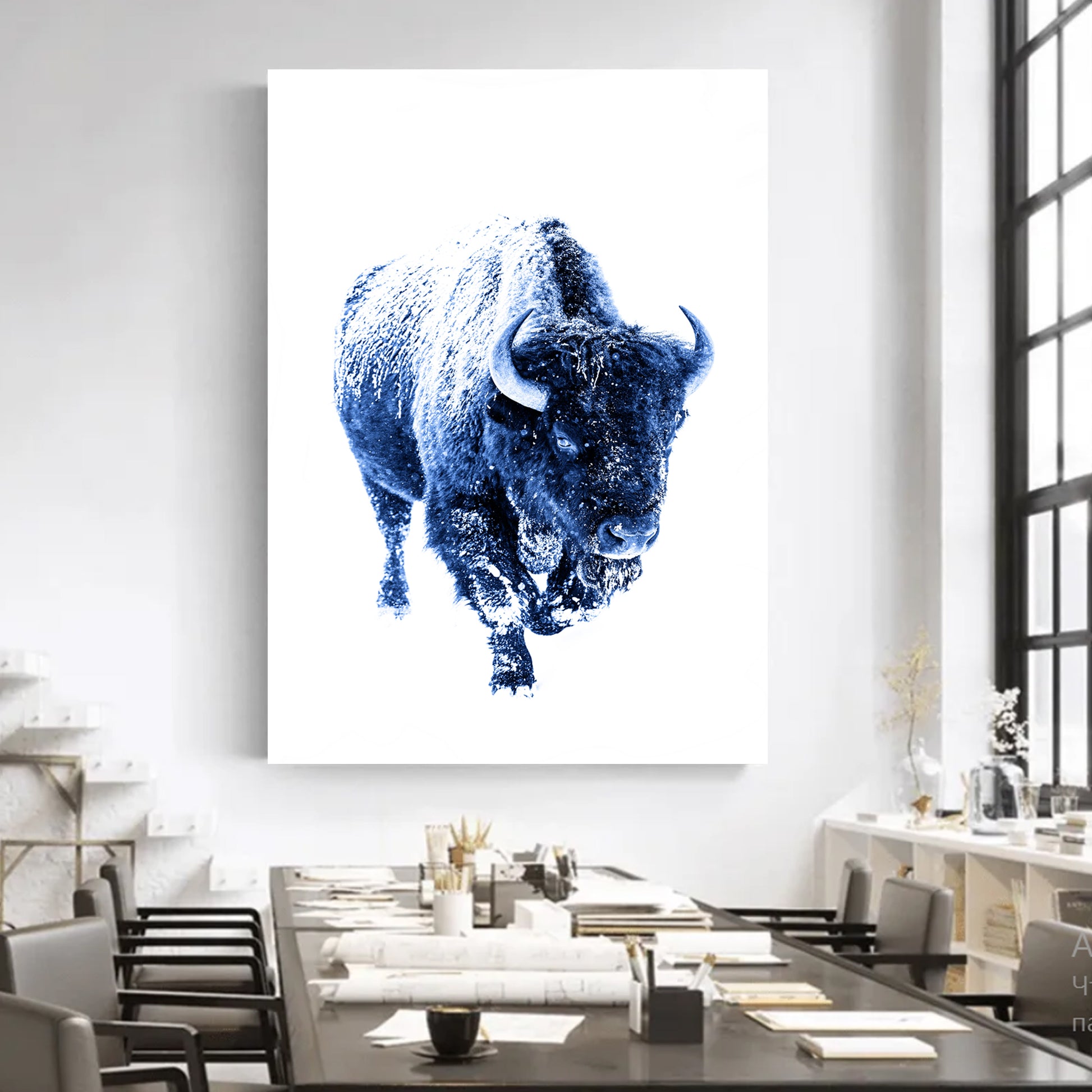 Navy blue bison canvas on the white wall.