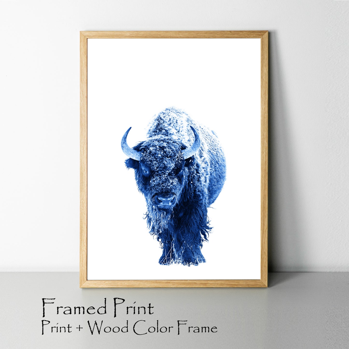 Blue bison poster in wood color frame.