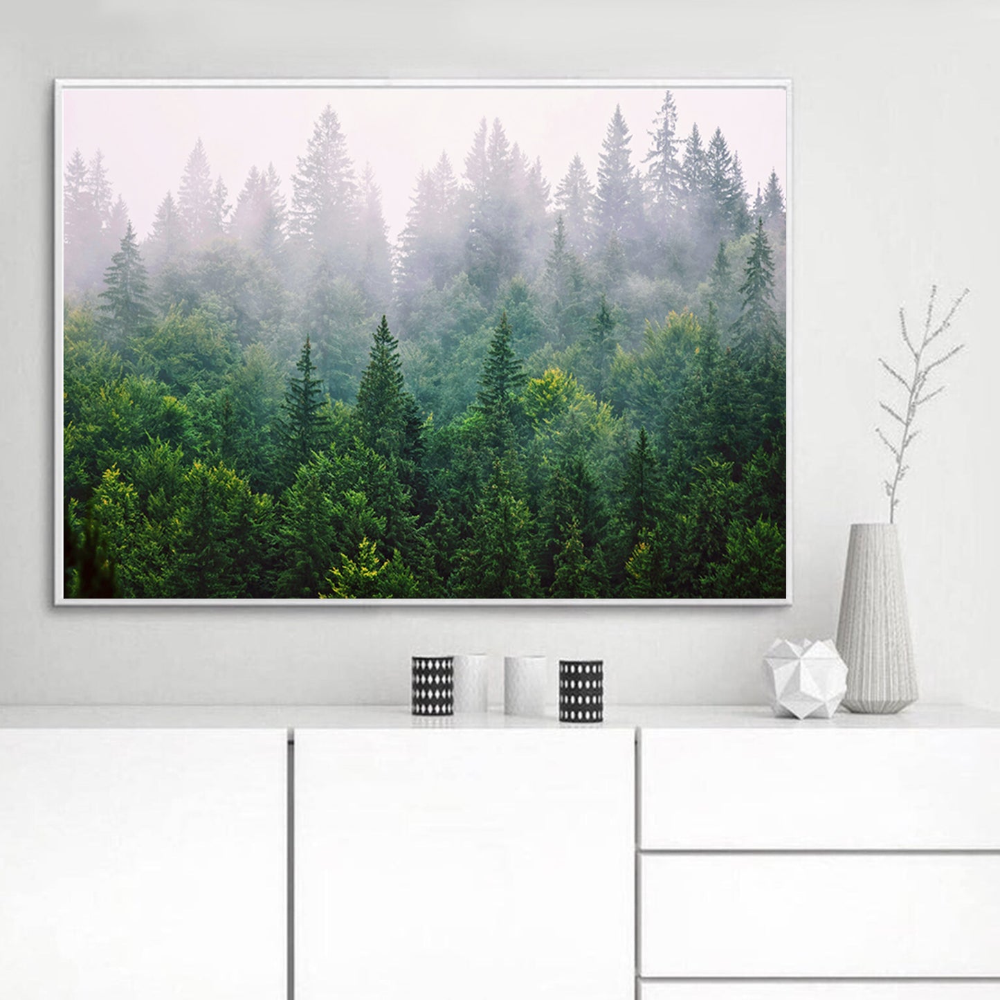 Forest wall art in interior in white tones.