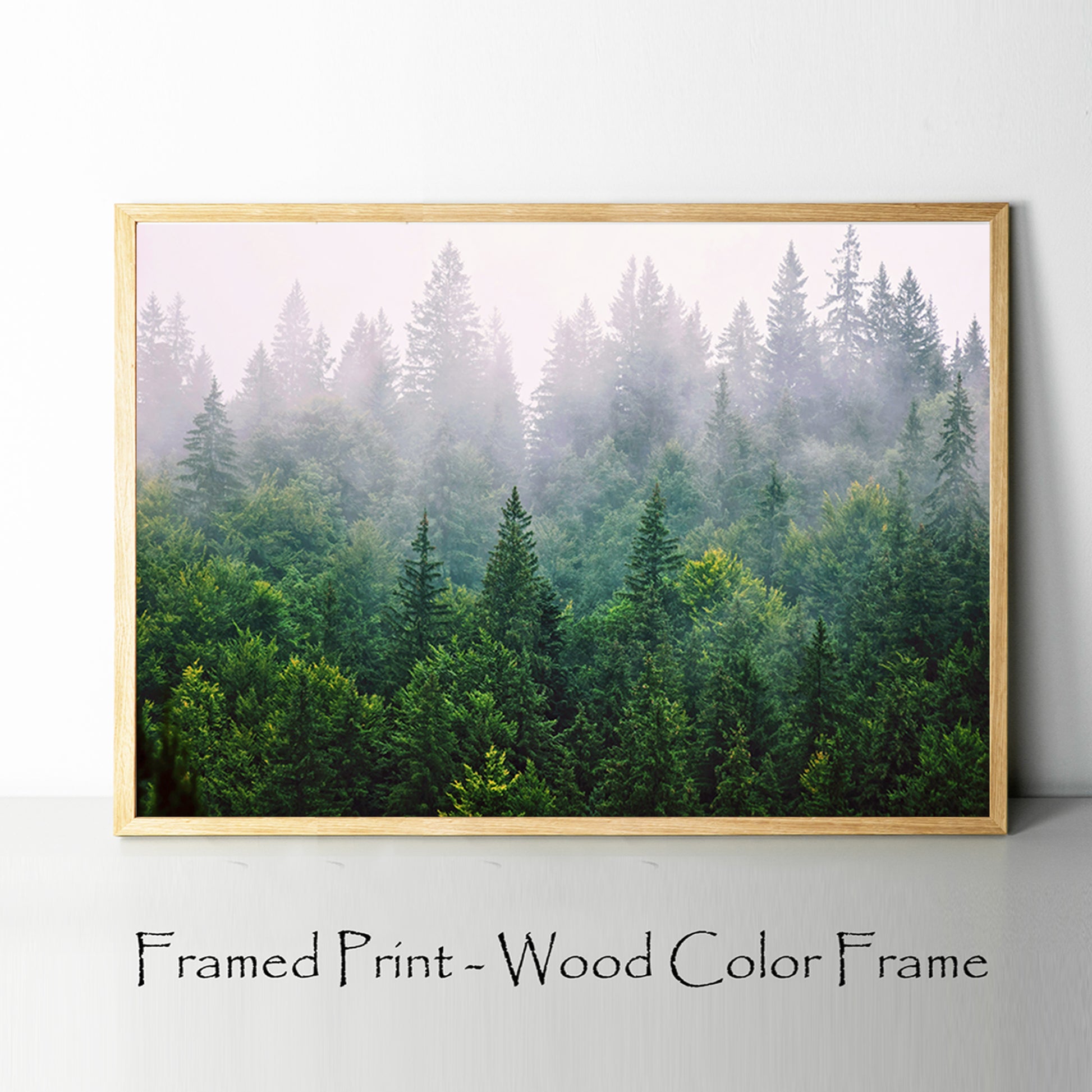 Forest print in wood color frame.