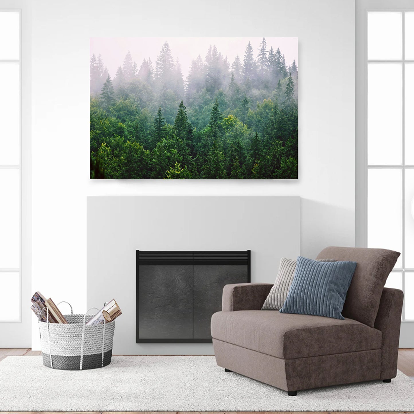 Canvas print with forest above the fireplace.