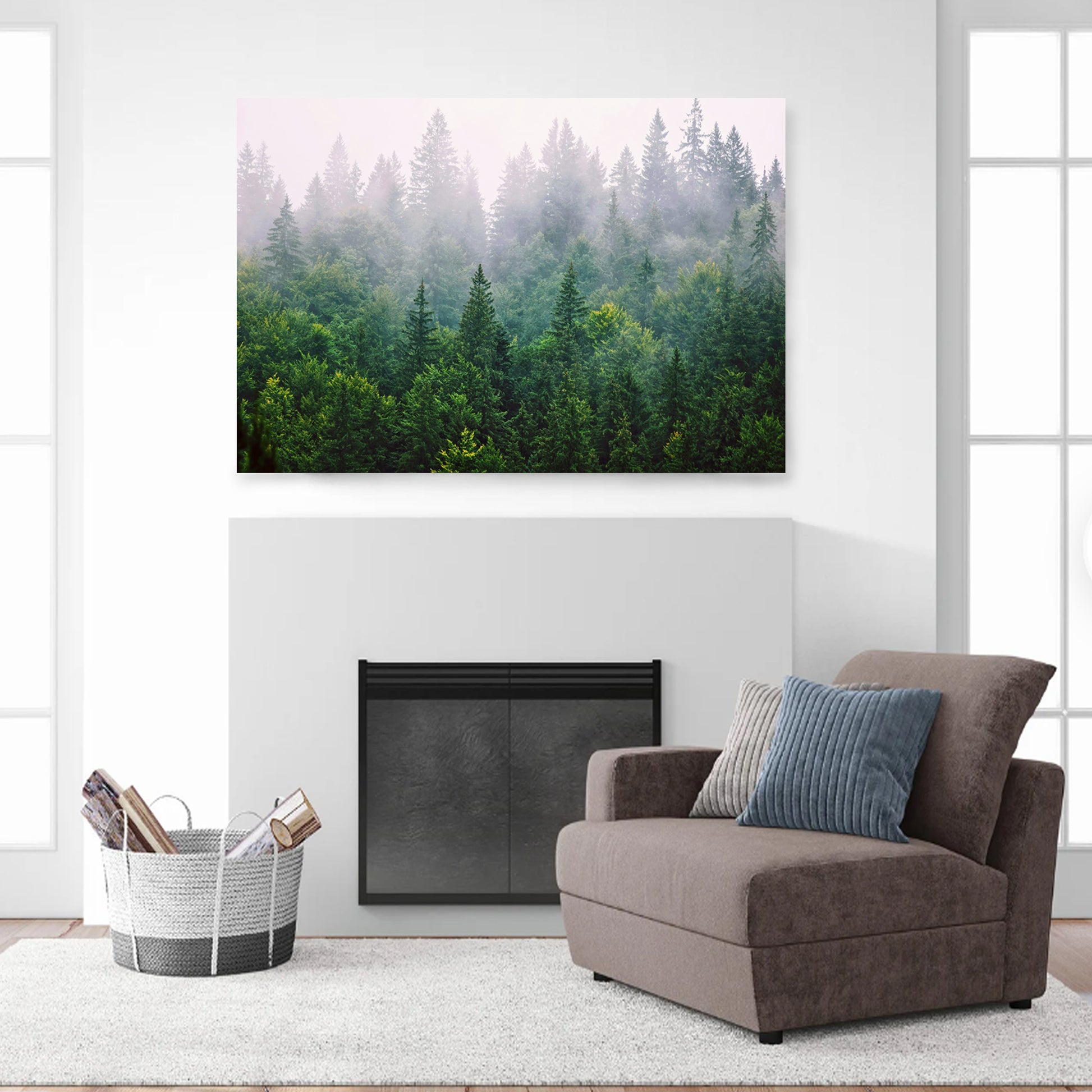 Canvas print with forest above the fireplace.