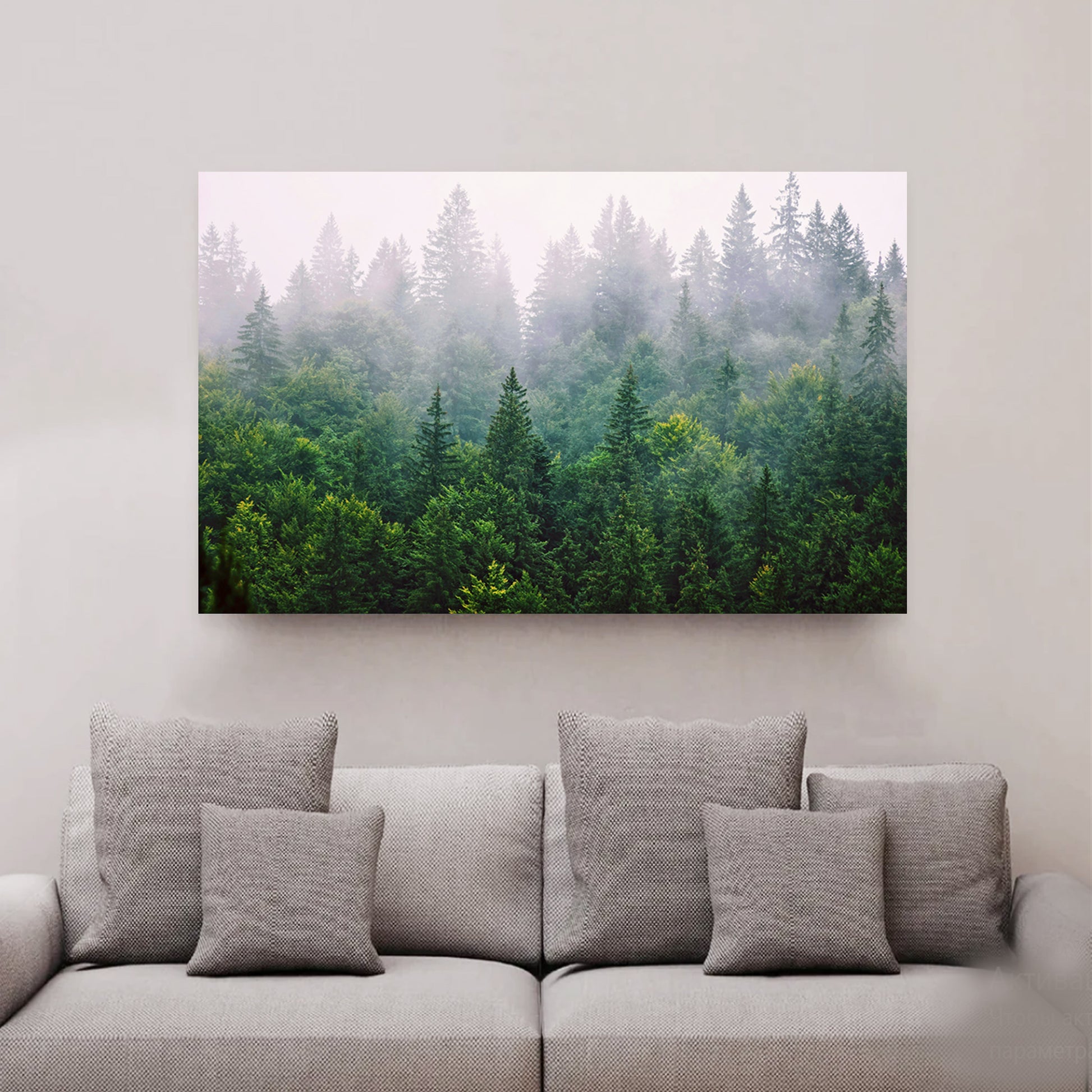 Forest wall art above the sofa.