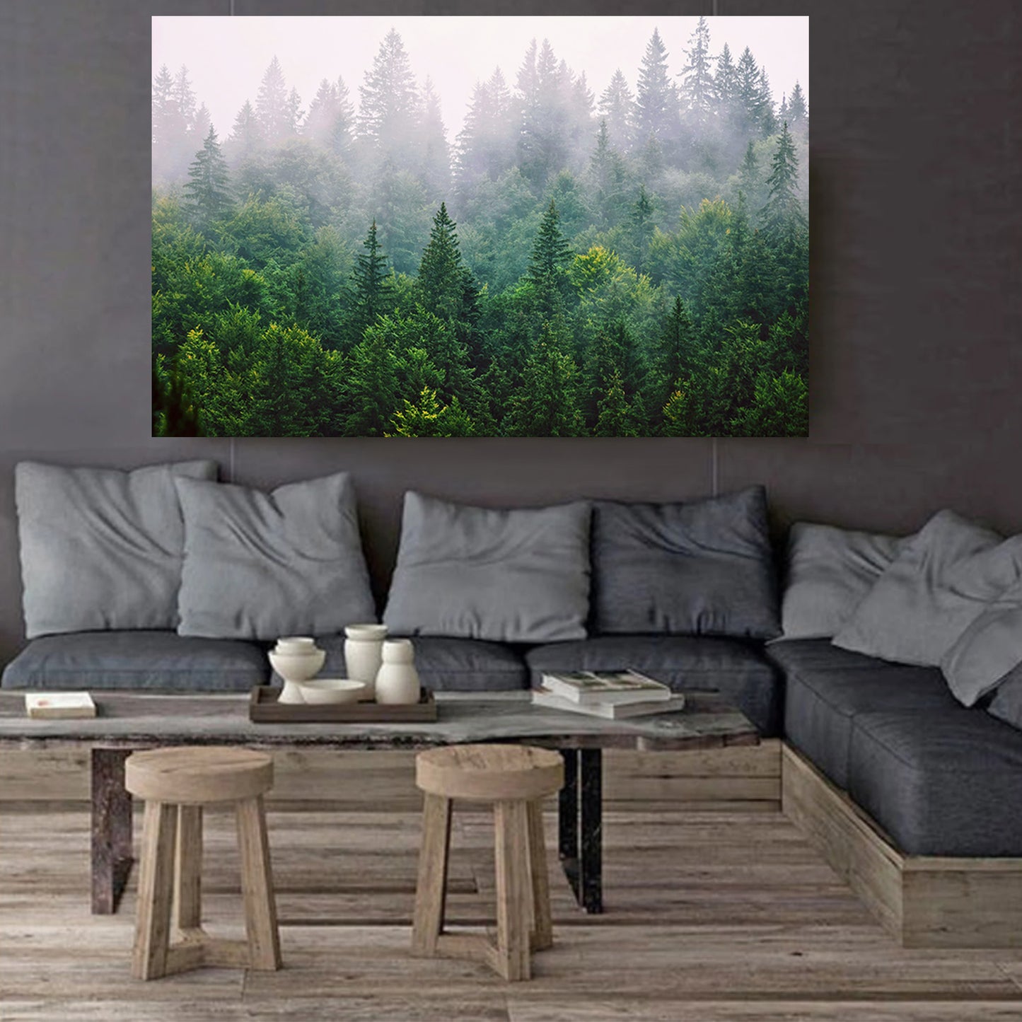 Stretched canvas with pine forest in fog on dark wall.