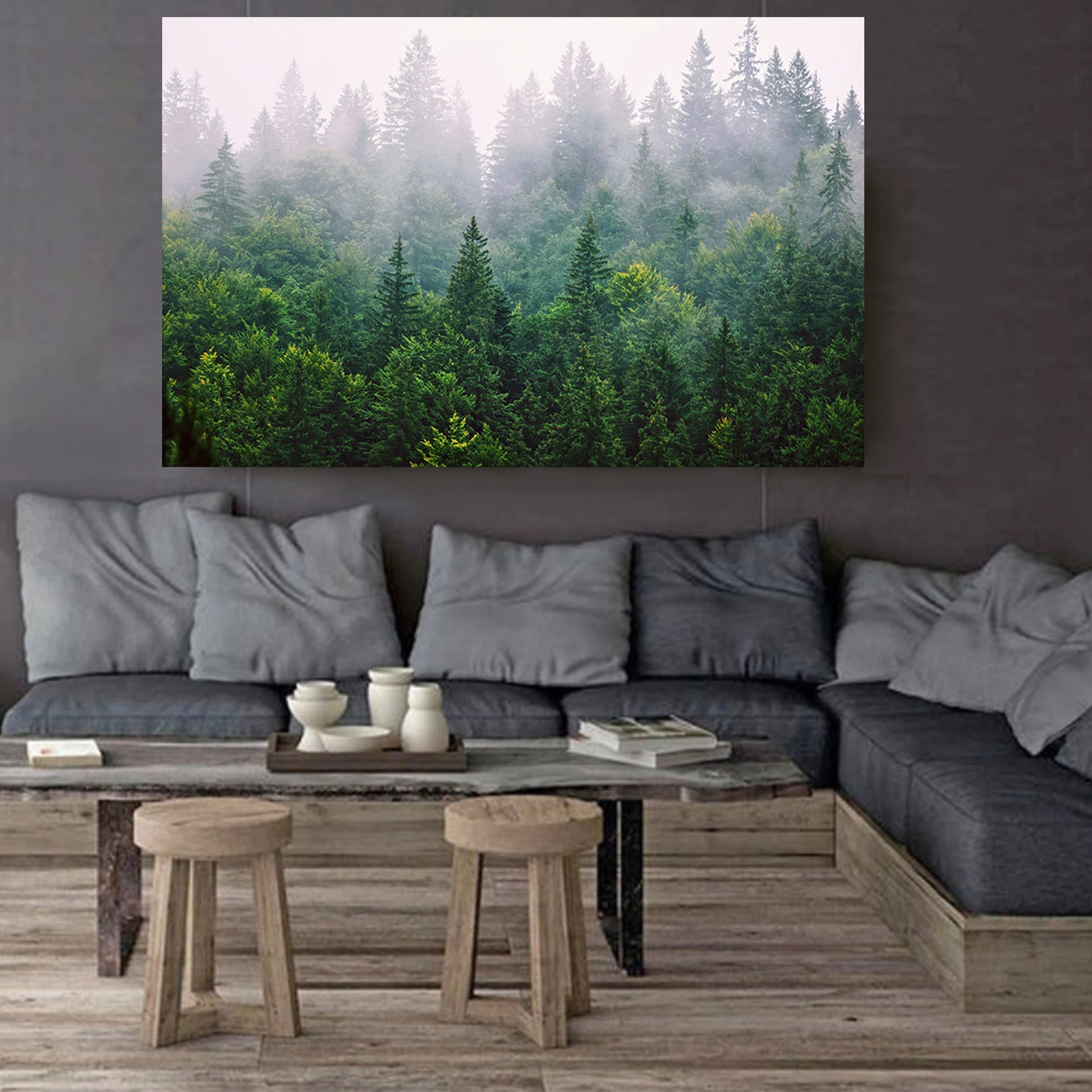 Stretched canvas with pine forest in fog on dark wall.
