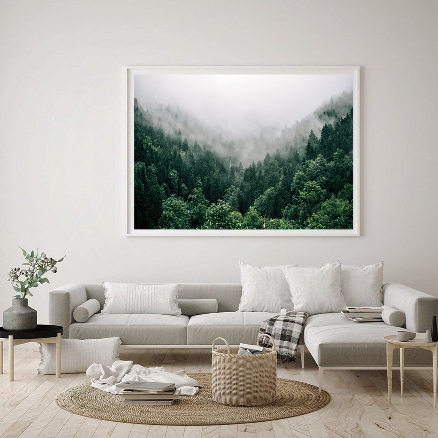 Green landscape wall art in living room.