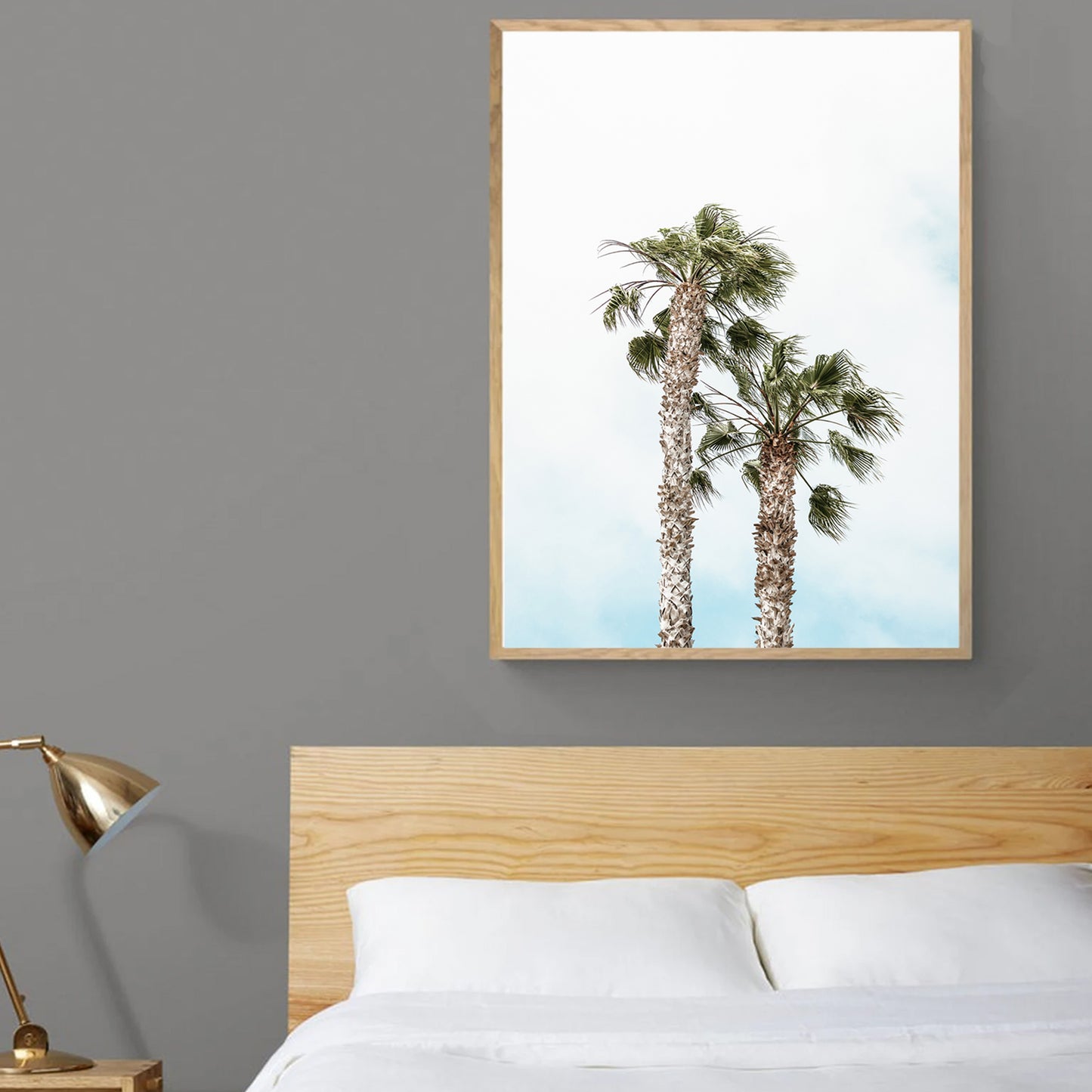 Palm tree print in bedroom.