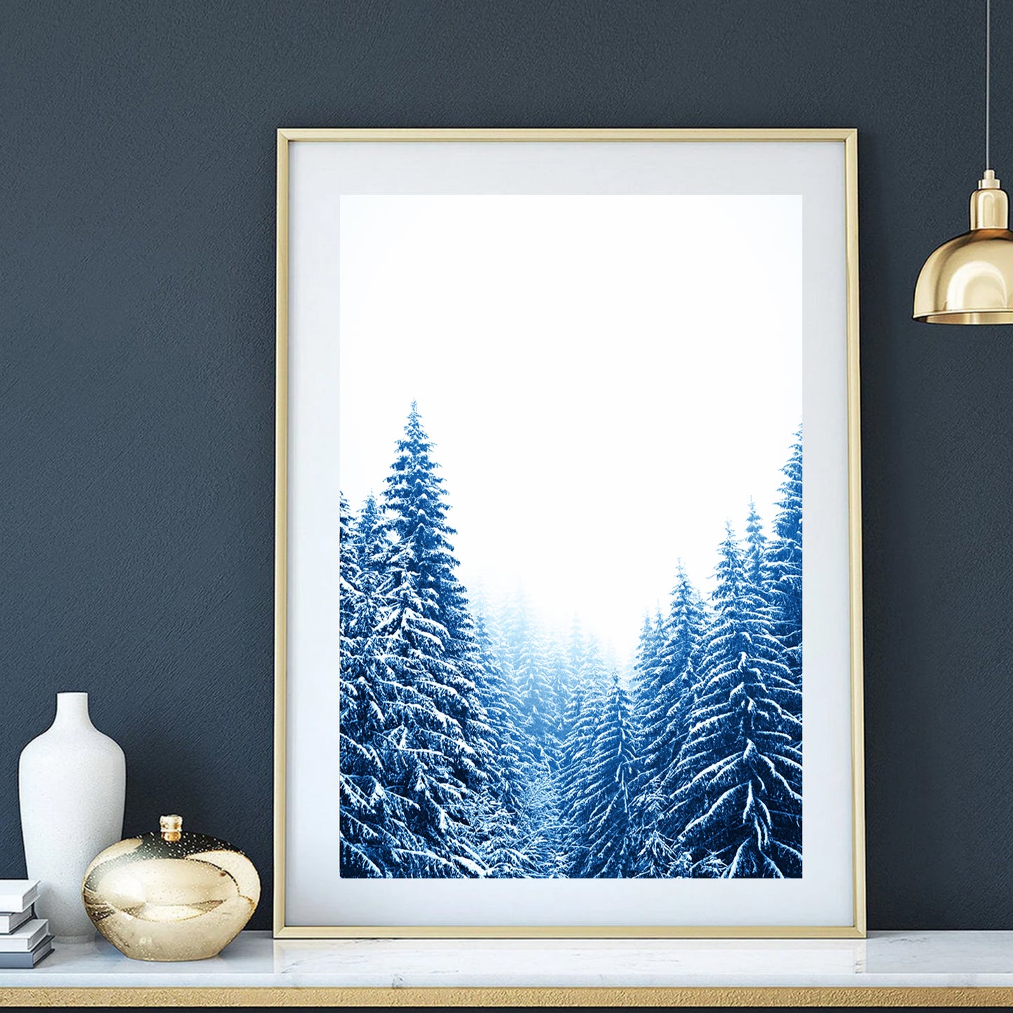 Blue Pine Tree Forest with Snow Large Print or Canvas | Christmas Forest Wall Art
