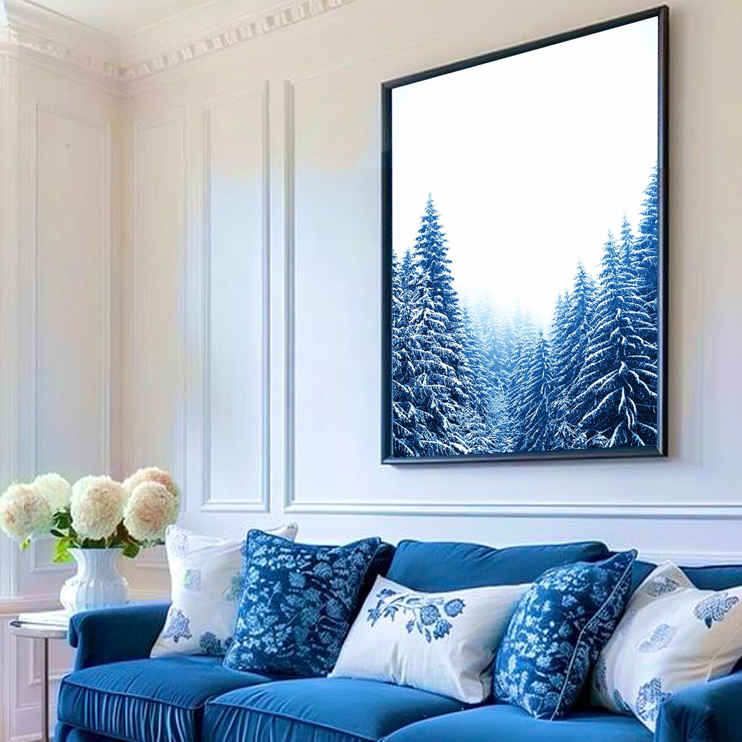 Blue Pine Tree Forest with Snow Large Print or Canvas | Christmas Forest Wall Art