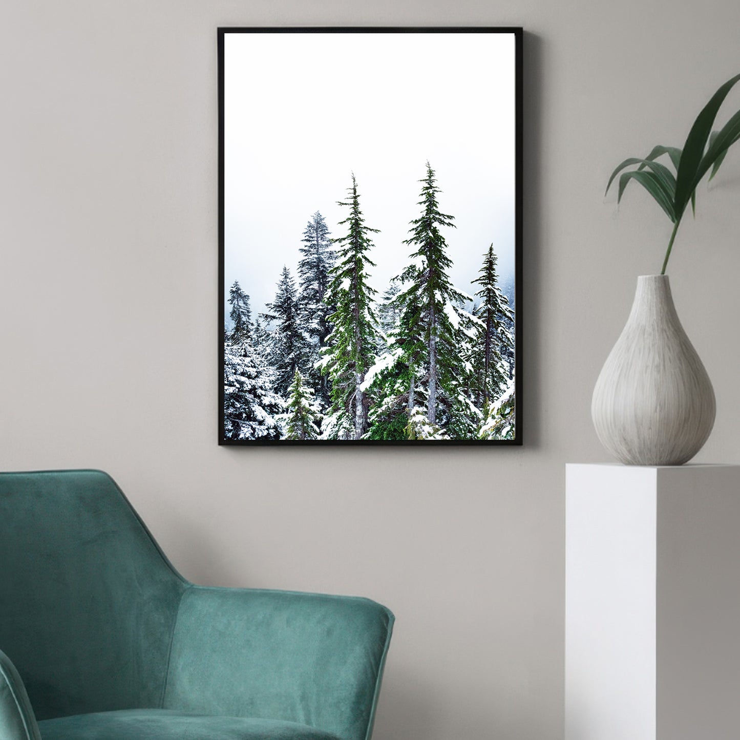 Winter Forest Wall Art | Green Pine Tree Forest with Snow Large Print or Canvas