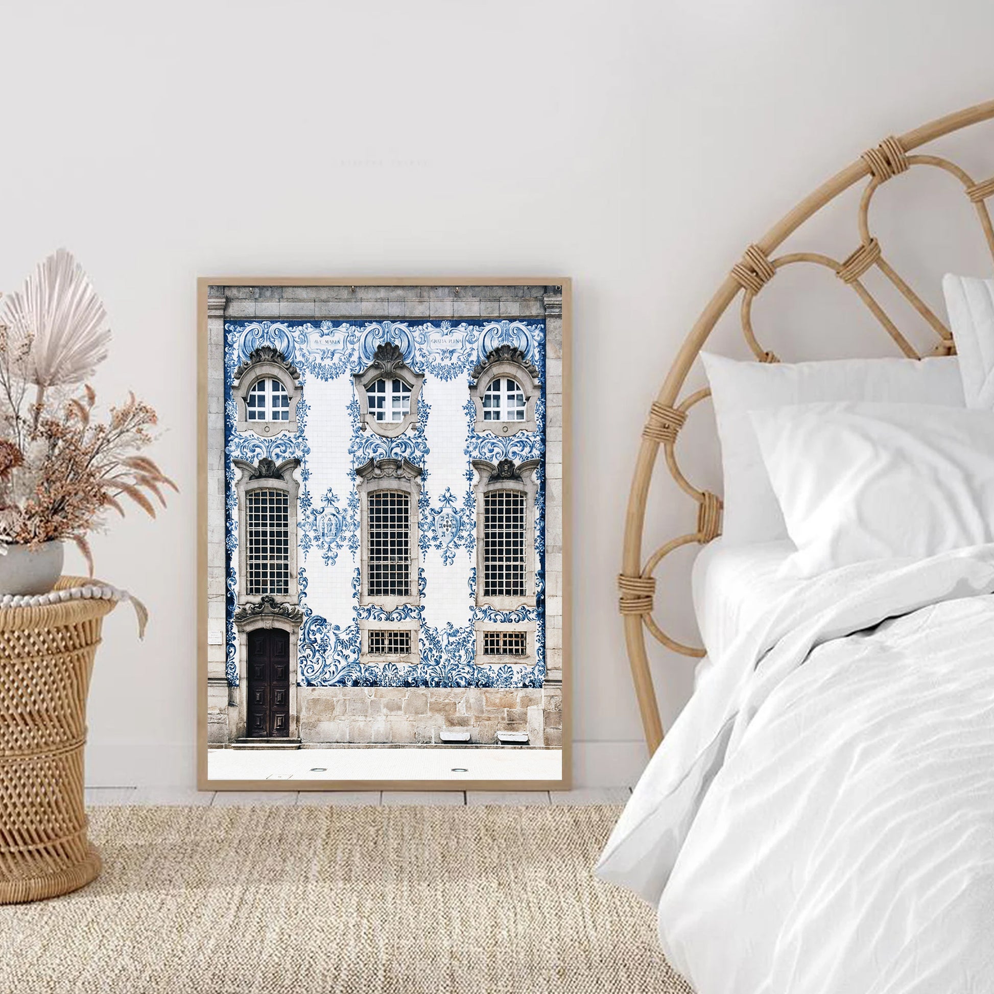 Blue house print in bedroom.