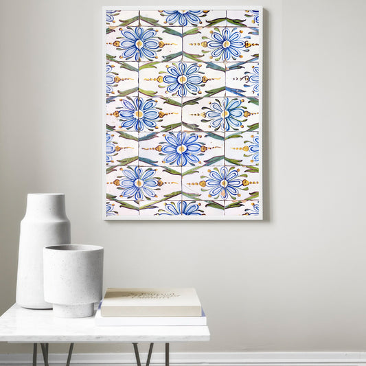 Blue flower geometric ornament poster.