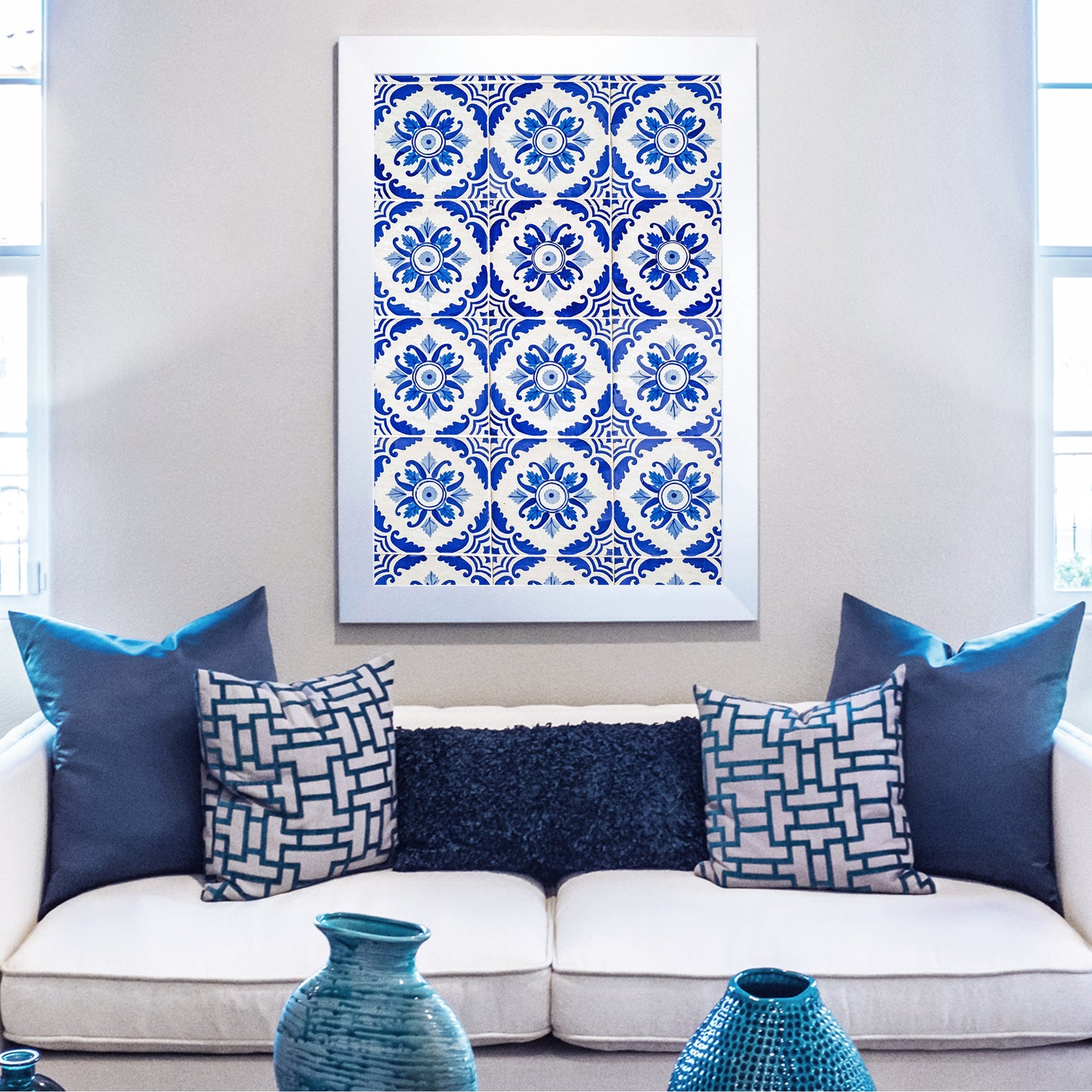 Navy Blue Geometric Ornament Wall Art | Portugal Azulejos Tiles Photo
