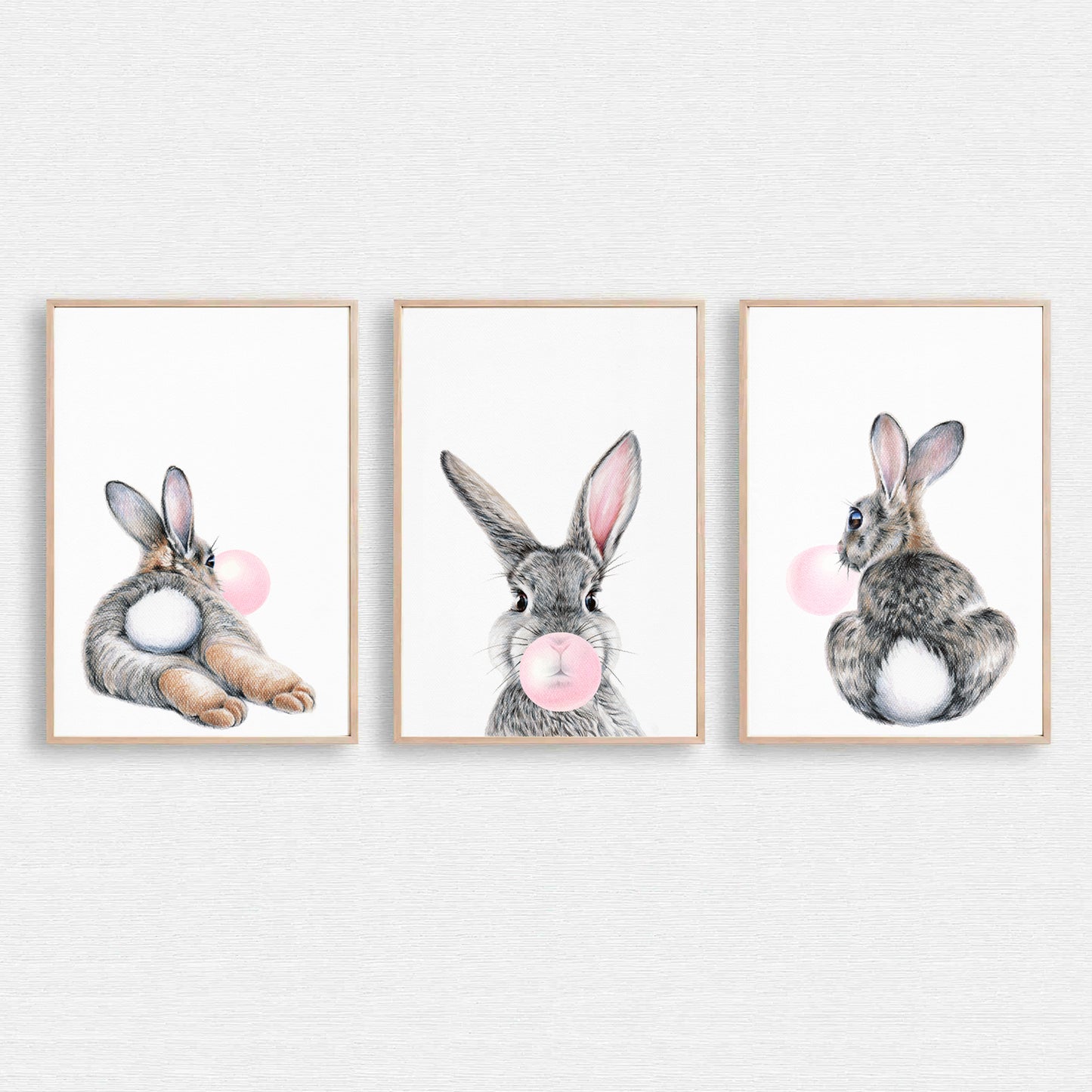 Bunny with pink bubble gum prints.