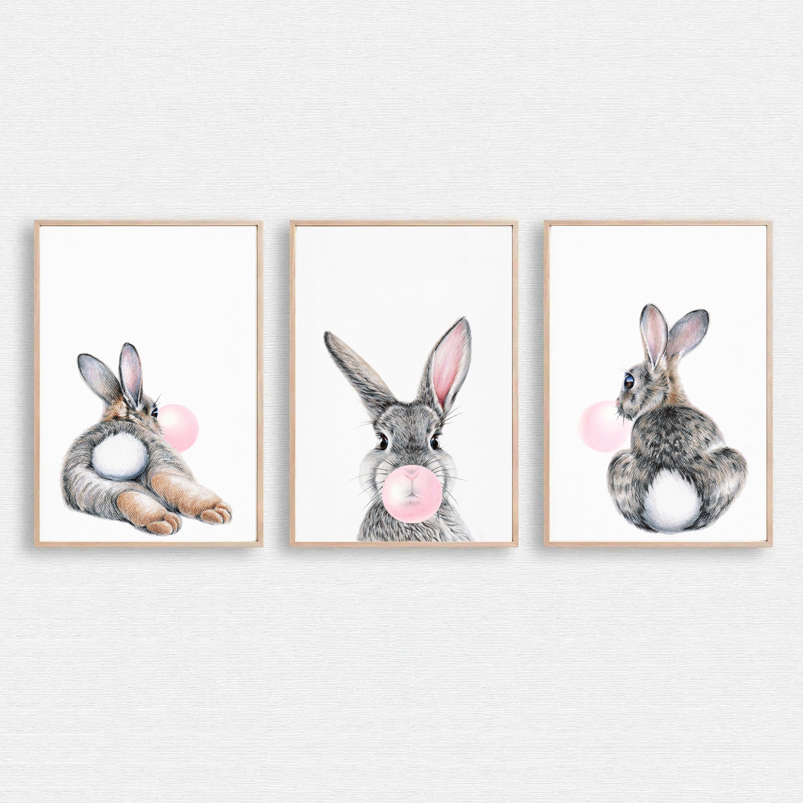 Bunny with pink bubble gum prints.