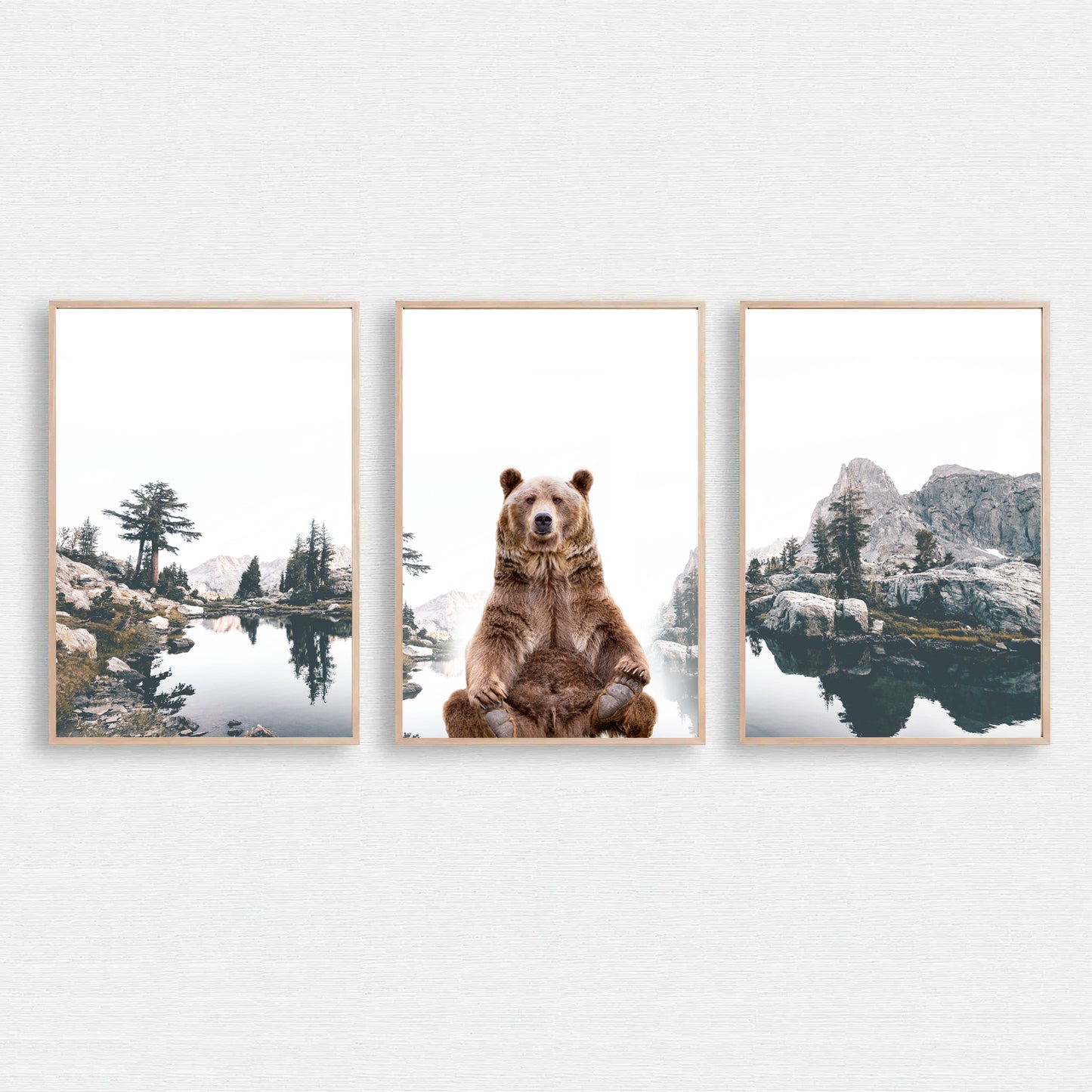 Mountain lake with brown bear wall art.