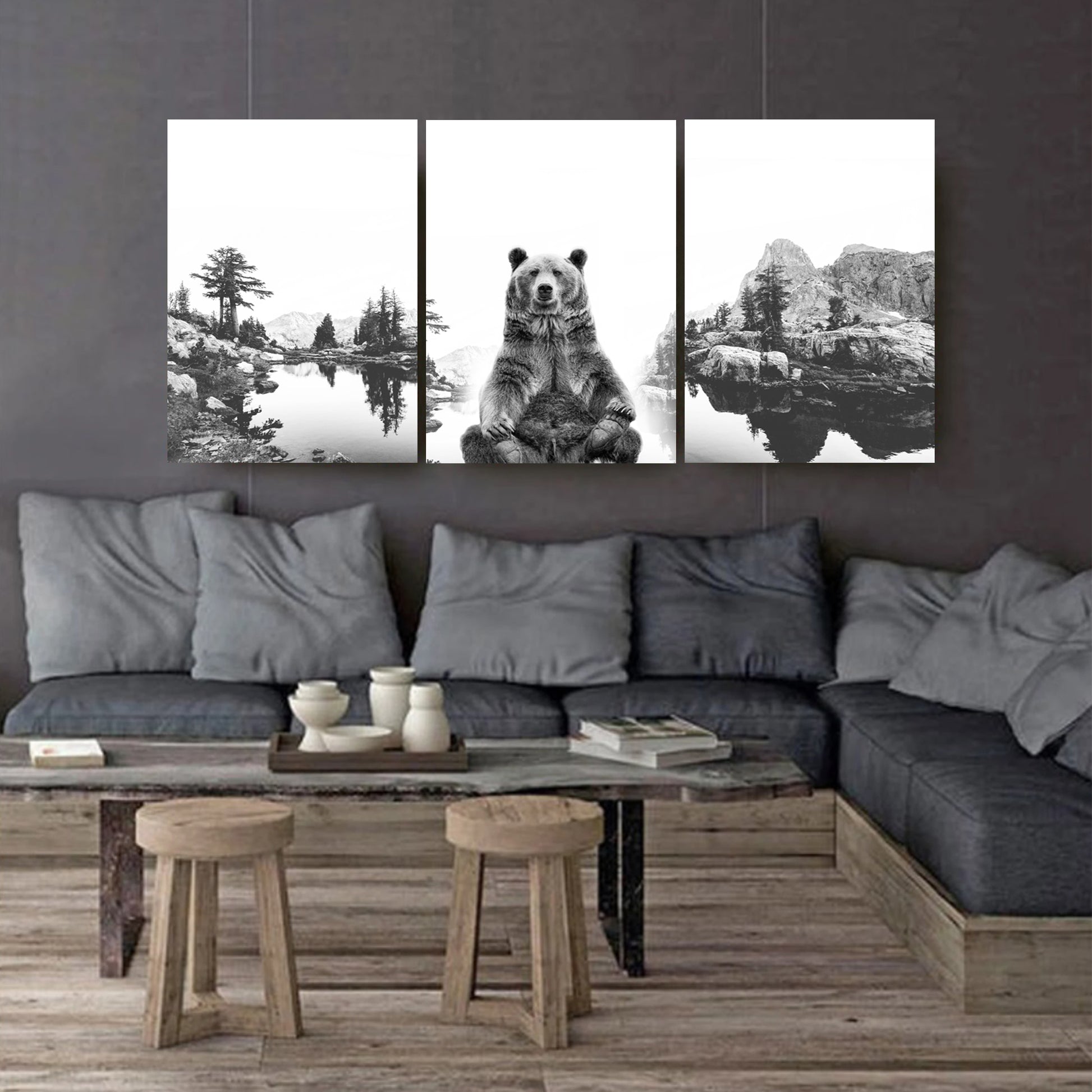 Grizzly bear on foggy lake canvas 3 panel.