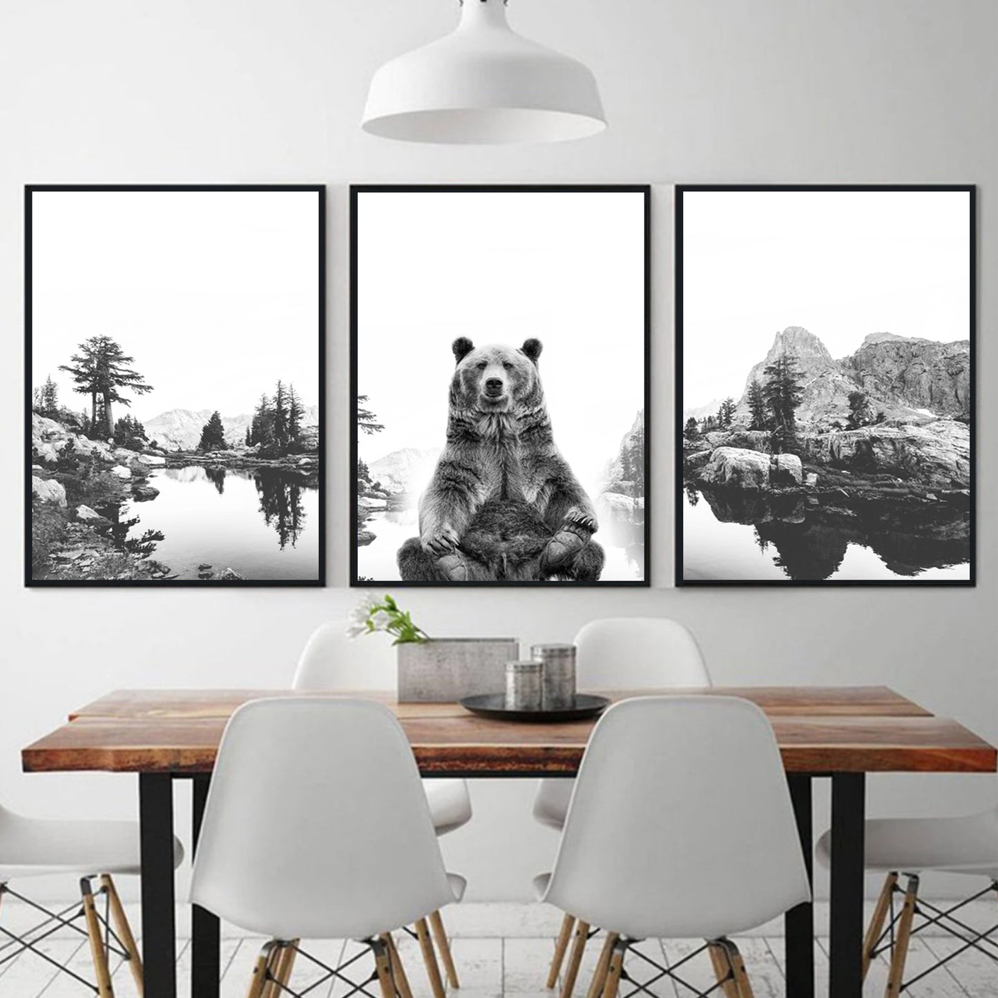 Grizzly bear on foggy lake 3 piece famed wall art.