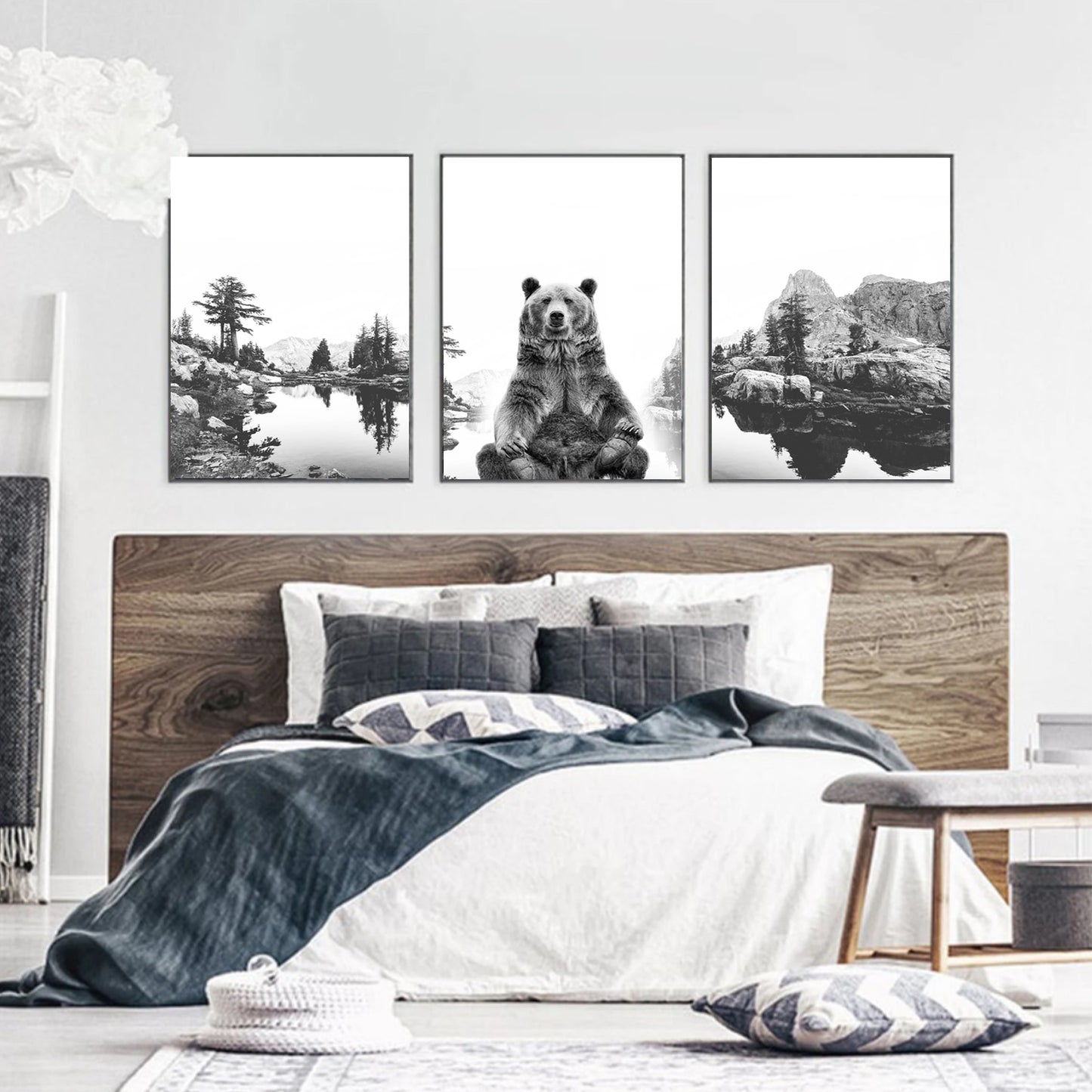 Grizzly bear on foggy lake wall art in bedroom.