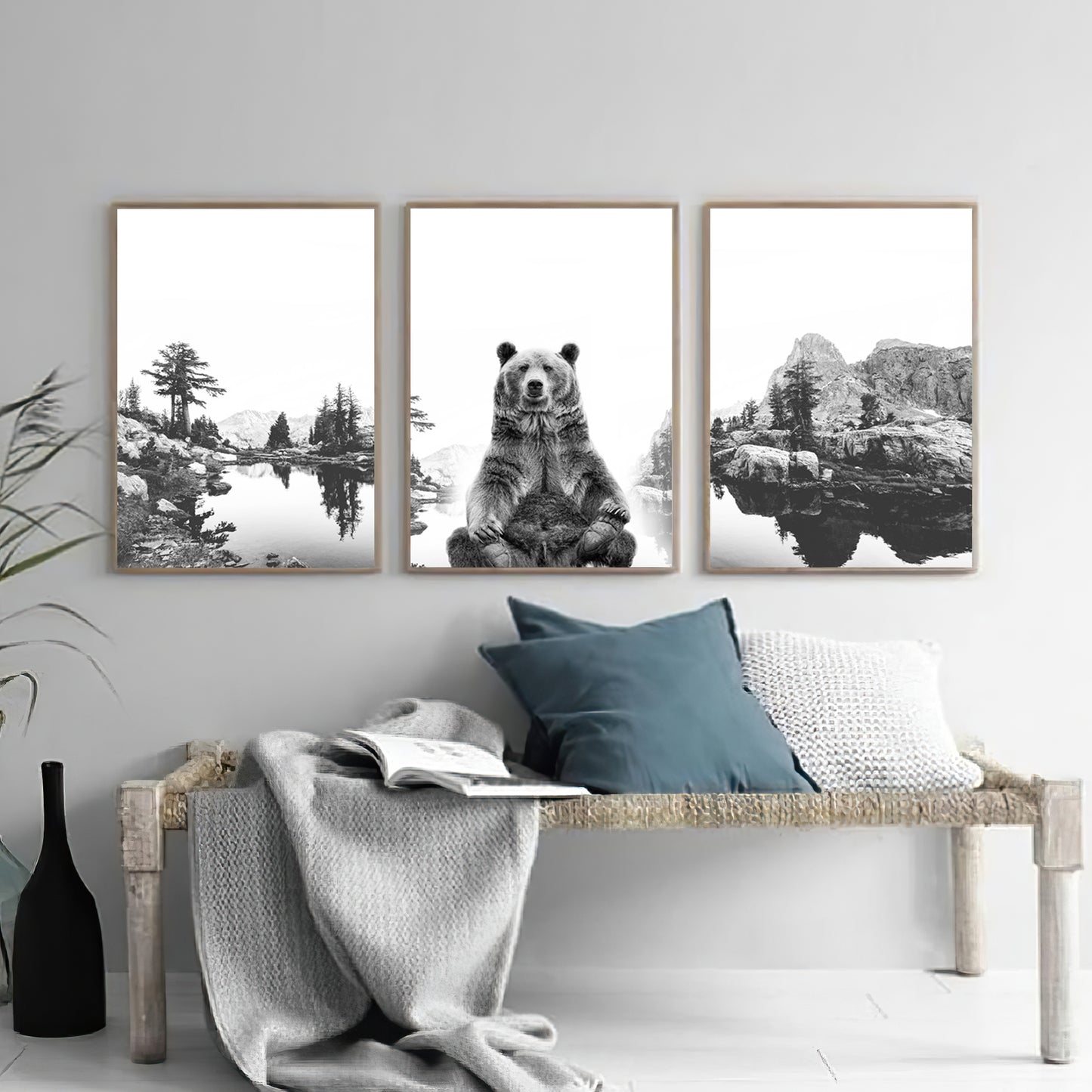 Grizzly bear on foggy lake prints in Scandinavian style interior.