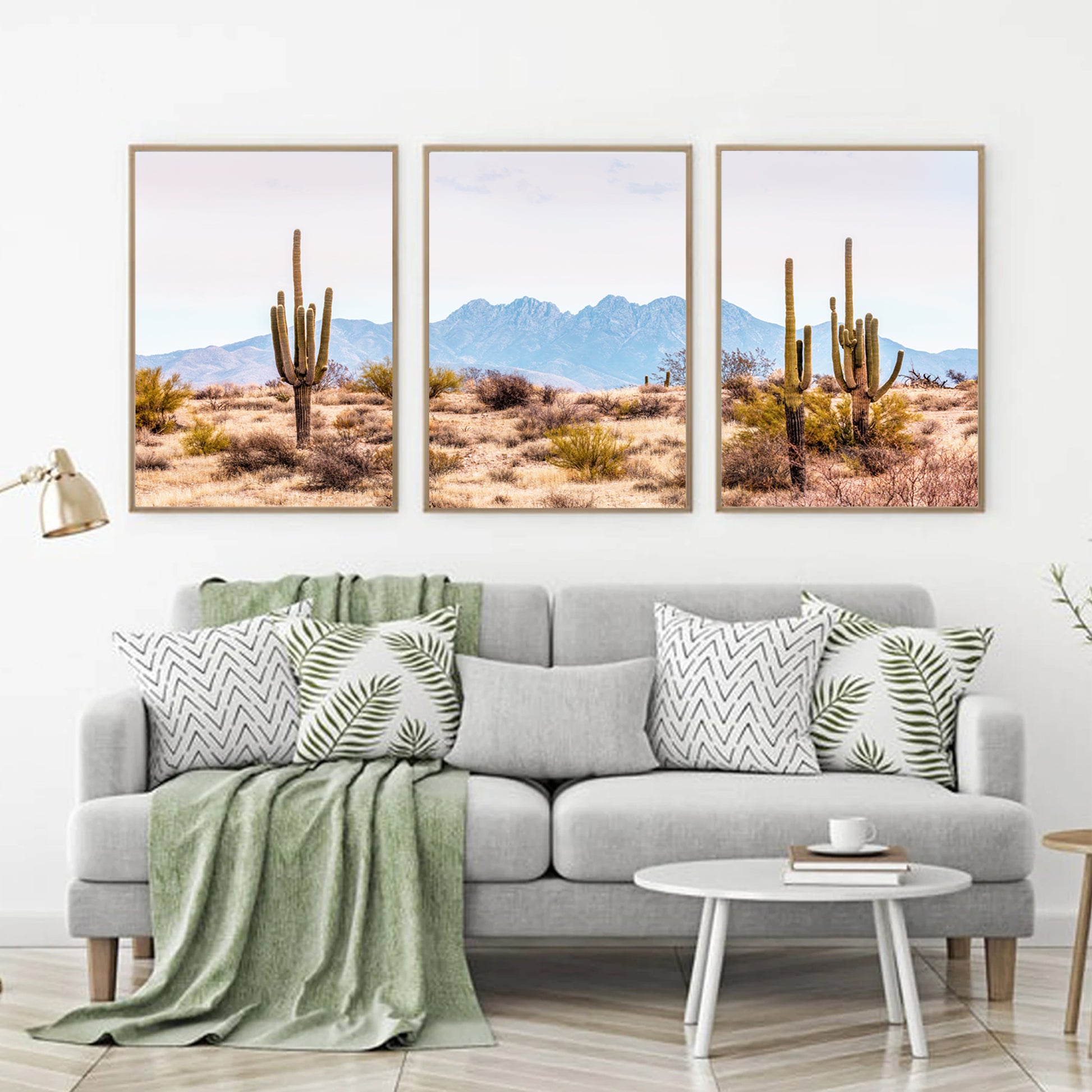 Cactus valley triptych above the sofa.