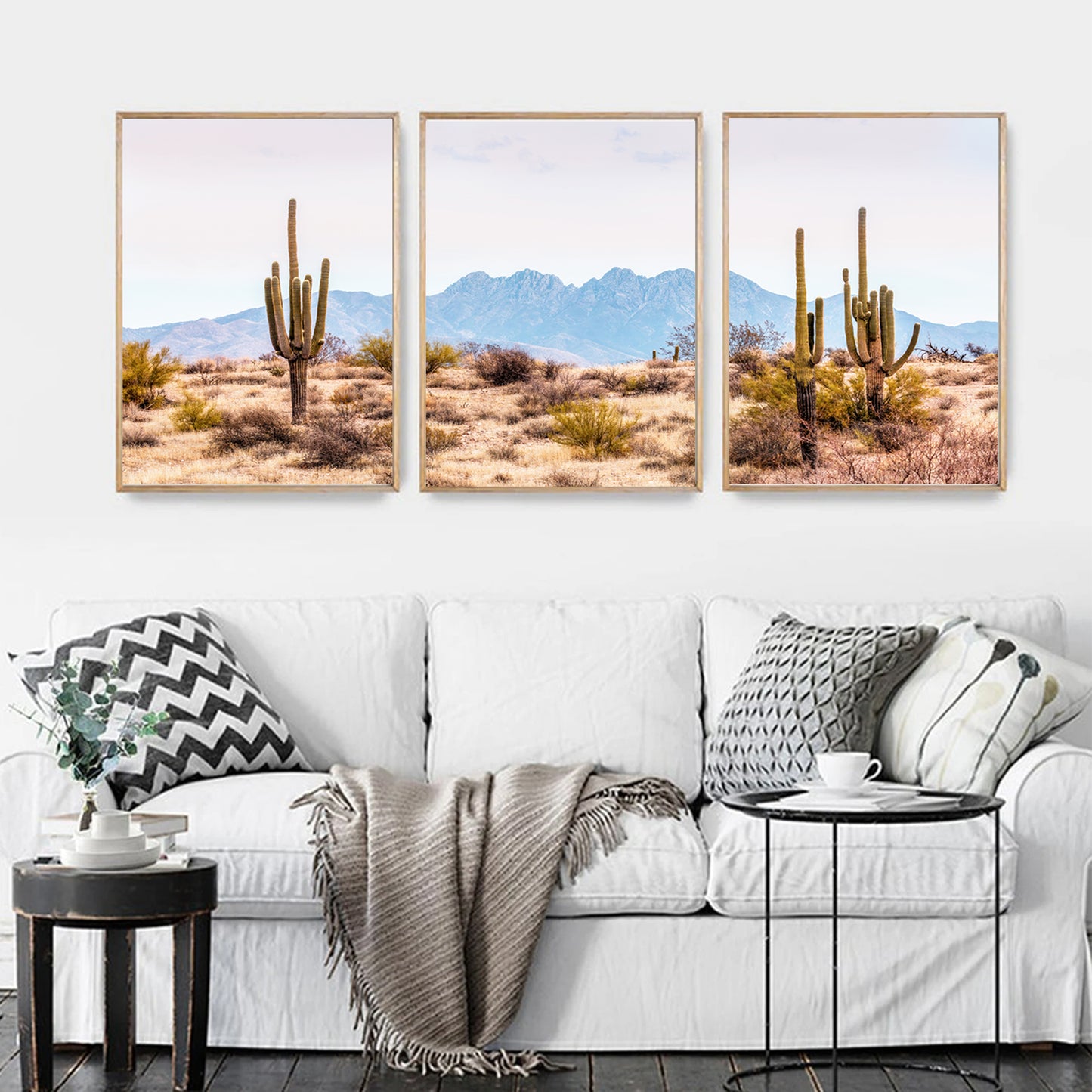 Cactus valley wall art in wood color frames.