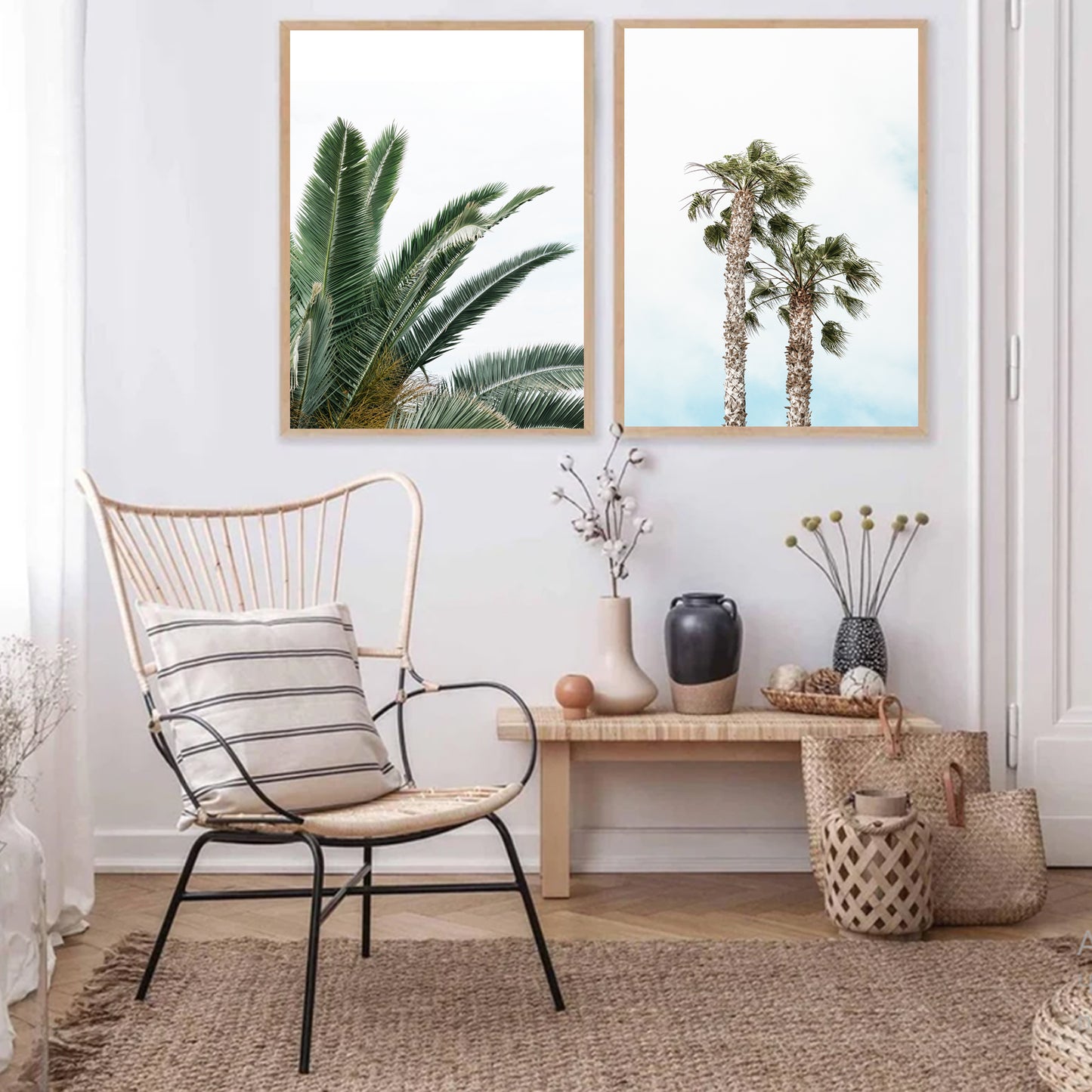 Palm Tree Poster Set of 2 Piece, Tropical Plant Leaves, Beach Wall Art