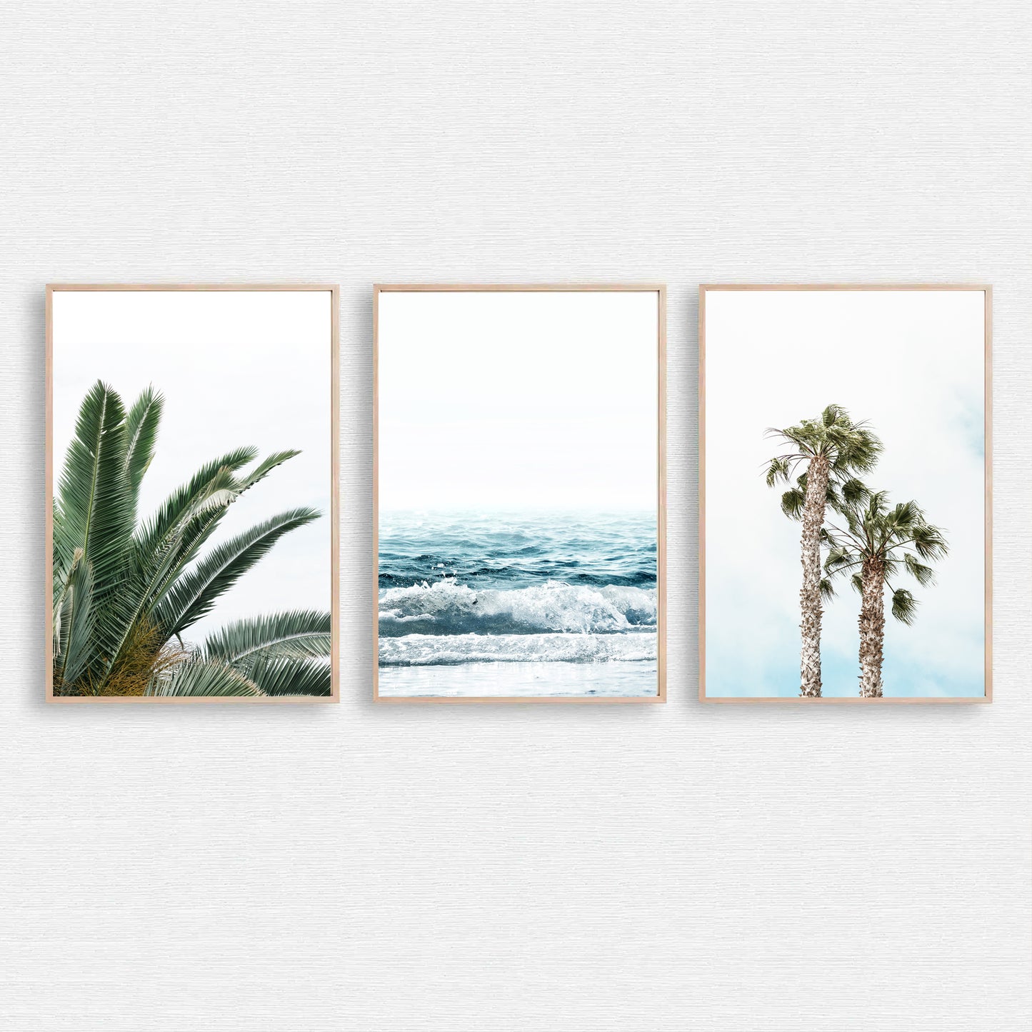 Tropical Plant Leaves 3 Piece Wall Art, Beach Poster, Palm Tree Wall Art Set, Ocean Wave Coastal Prints
