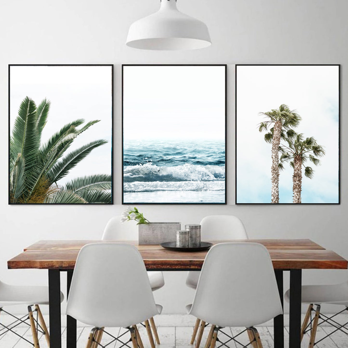 Tropical Plant Leaves 3 Piece Wall Art, Beach Poster, Palm Tree Wall Art Set, Ocean Wave Coastal Prints