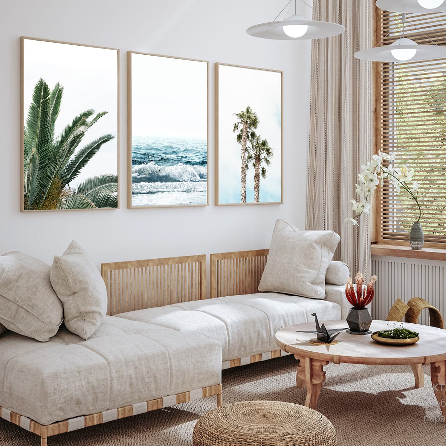 Tropical Plant Leaves 3 Piece Wall Art, Beach Poster, Palm Tree Wall Art Set, Ocean Wave Coastal Prints