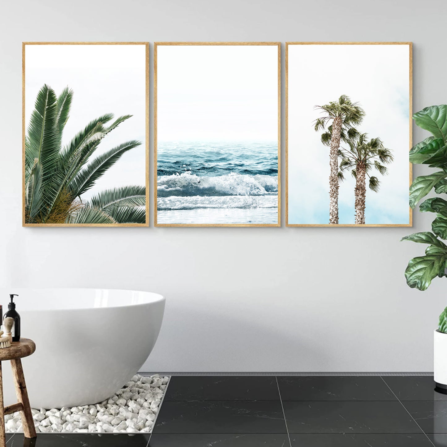 Tropical Plant Leaves 3 Piece Wall Art, Beach Poster, Palm Tree Wall Art Set, Ocean Wave Coastal Prints