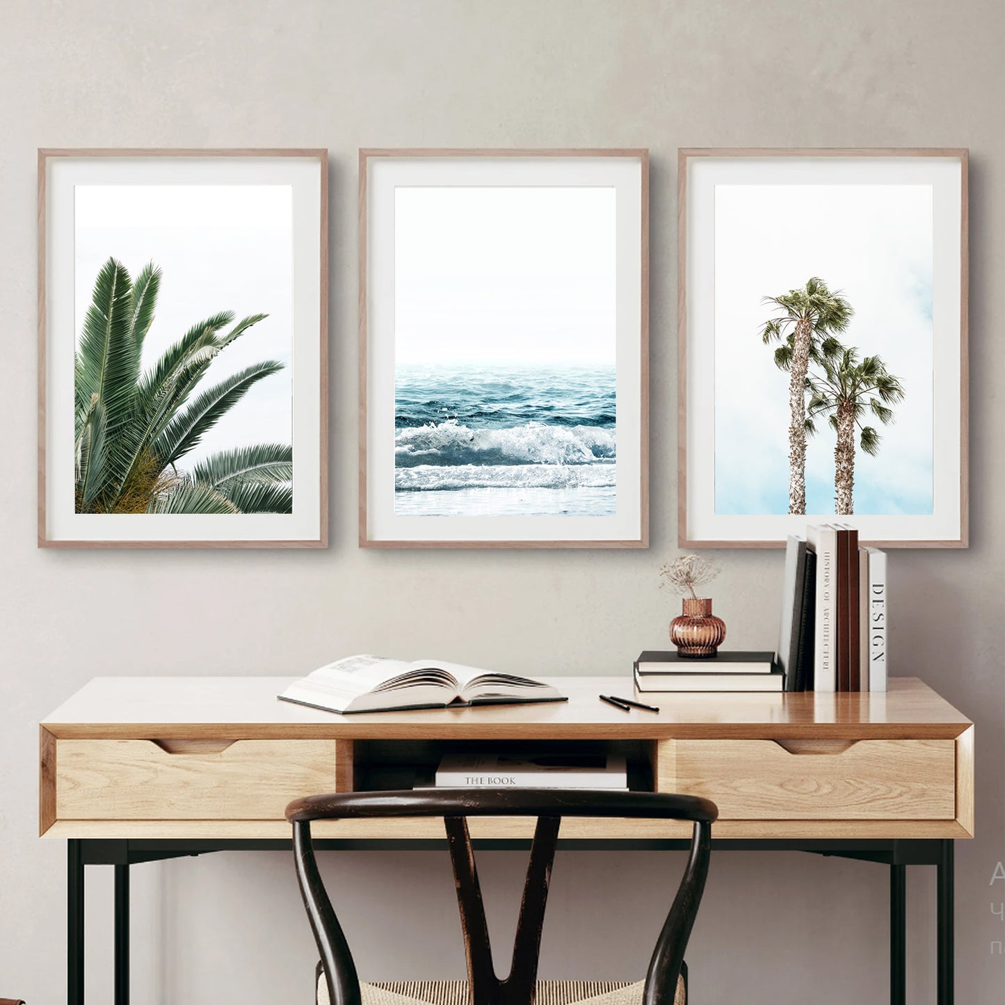 Tropical Plant Leaves 3 Piece Wall Art, Beach Poster, Palm Tree Wall Art Set, Ocean Wave Coastal Prints