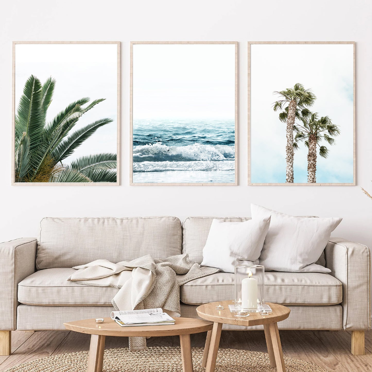 Tropical Plant Leaves 3 Piece Wall Art, Beach Poster, Palm Tree Wall Art Set, Ocean Wave Coastal Prints