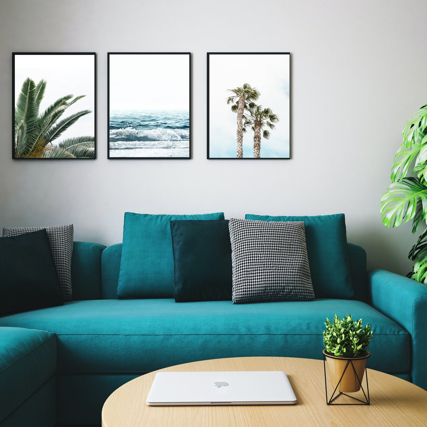 Tropical Plant Leaves 3 Piece Wall Art, Beach Poster, Palm Tree Wall Art Set, Ocean Wave Coastal Prints