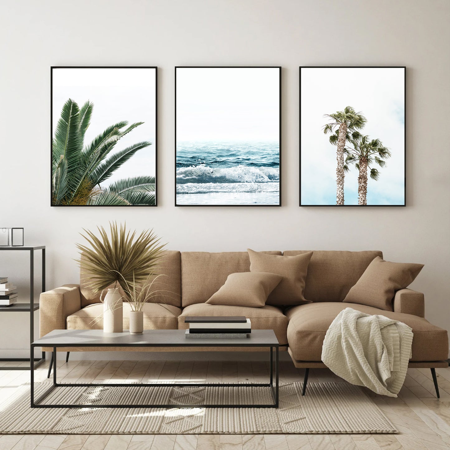 Tropical Plant Leaves 3 Piece Wall Art, Beach Poster, Palm Tree Wall Art Set, Ocean Wave Coastal Prints
